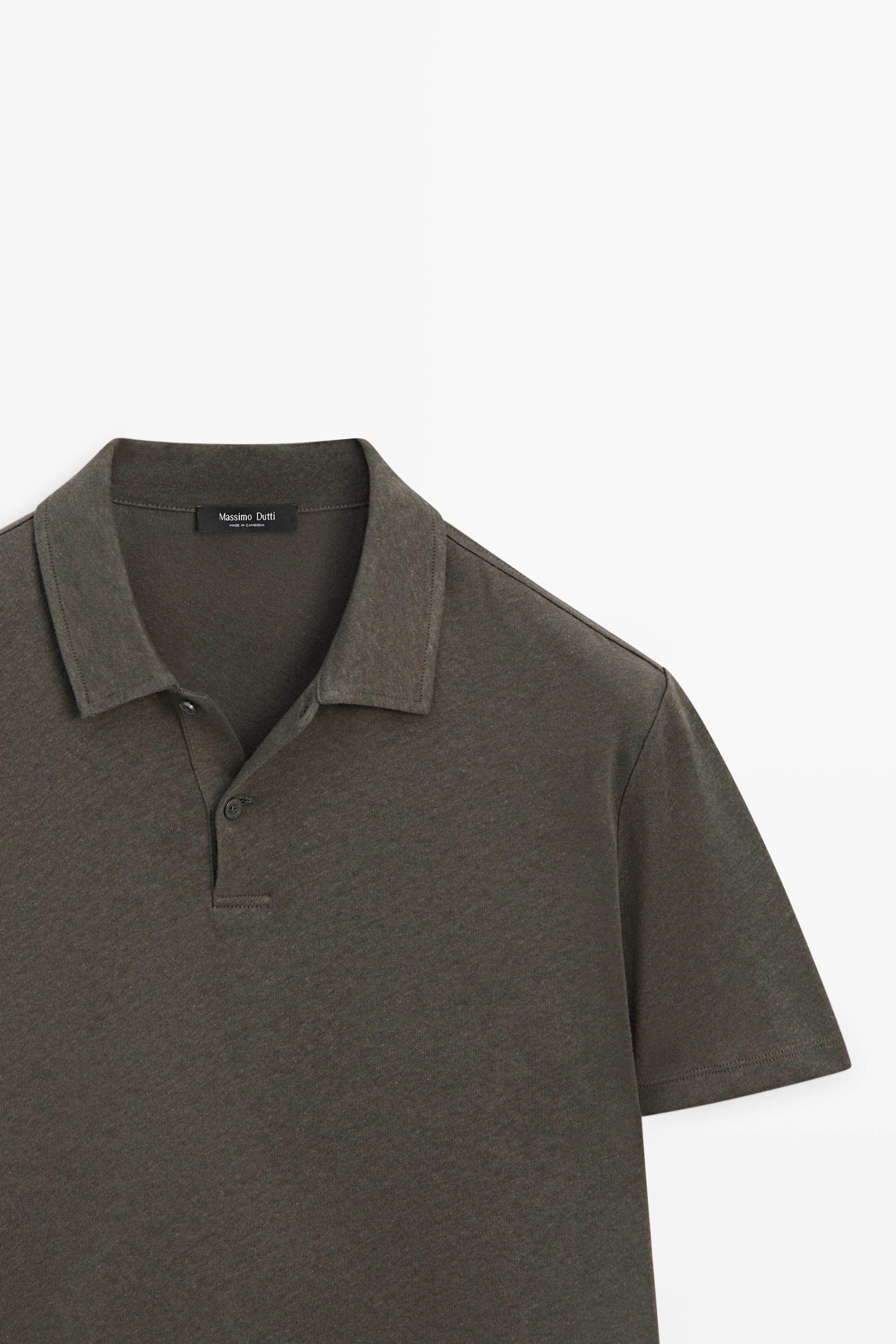 Linen and cotton short sleeve polo shirt — KHAKI