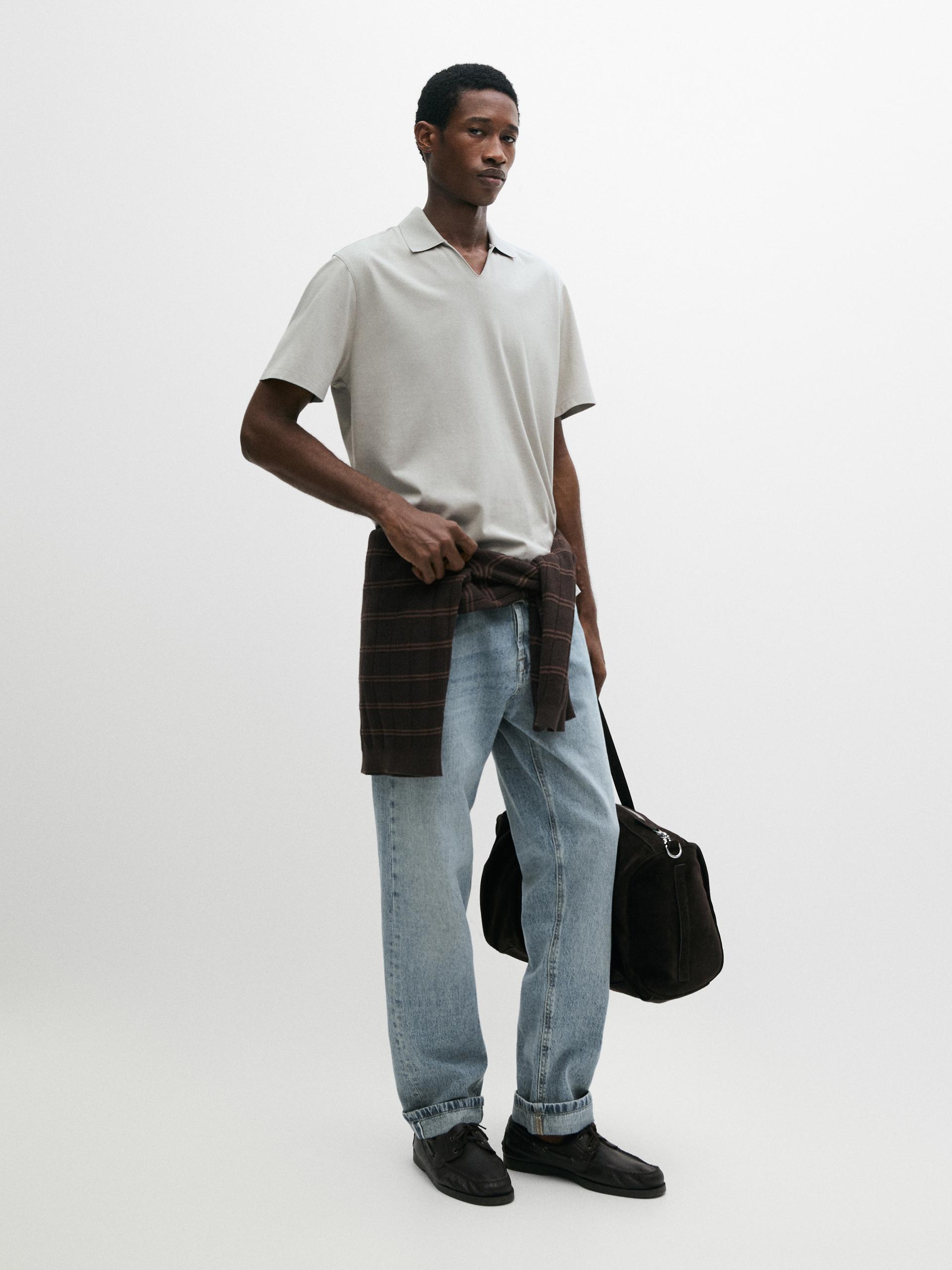 Polo En Coton À Col En V - Glace - Xl - Massimo Dutti - Homme