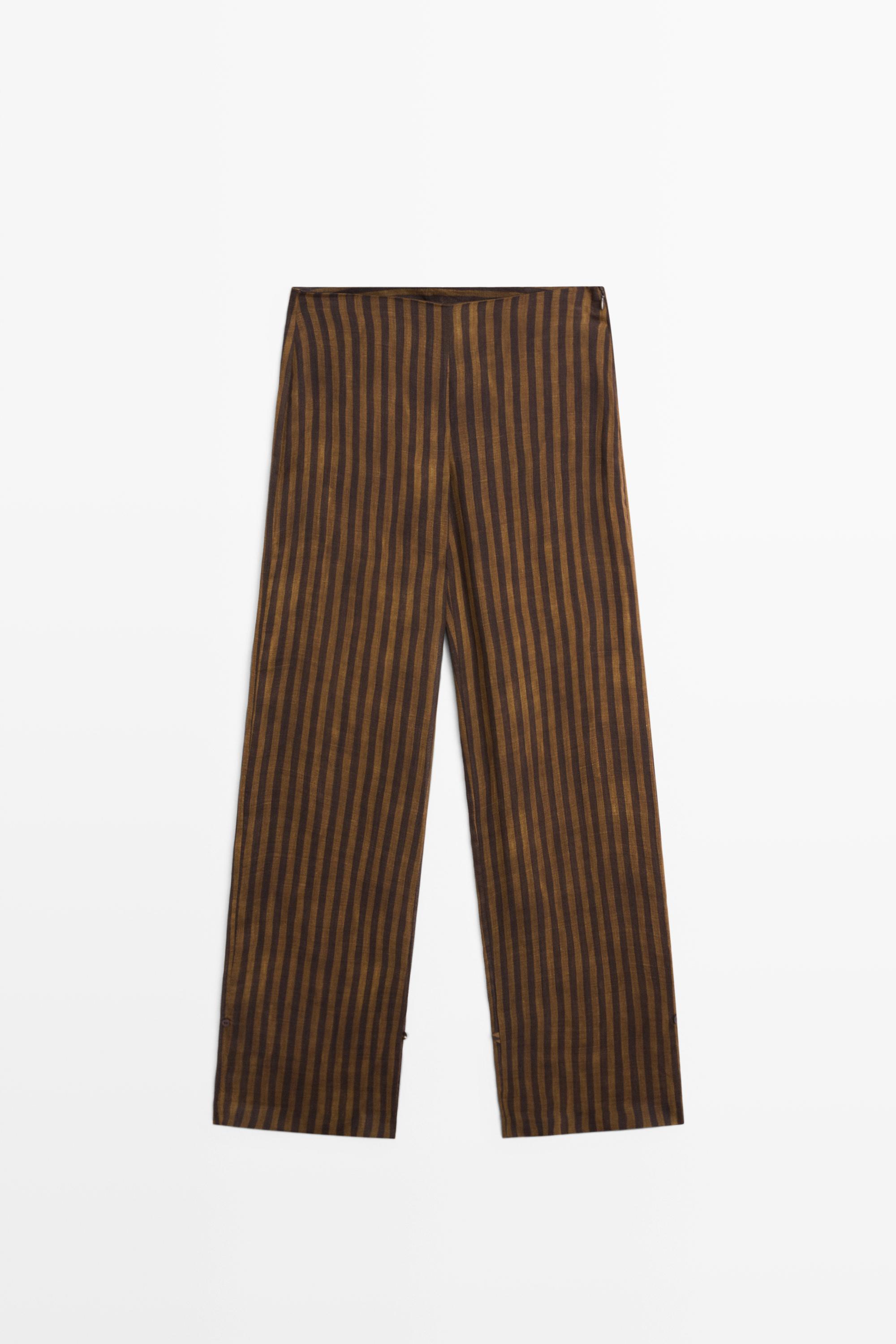 Total look flowing striped pants with button hem — DARK KHAKI