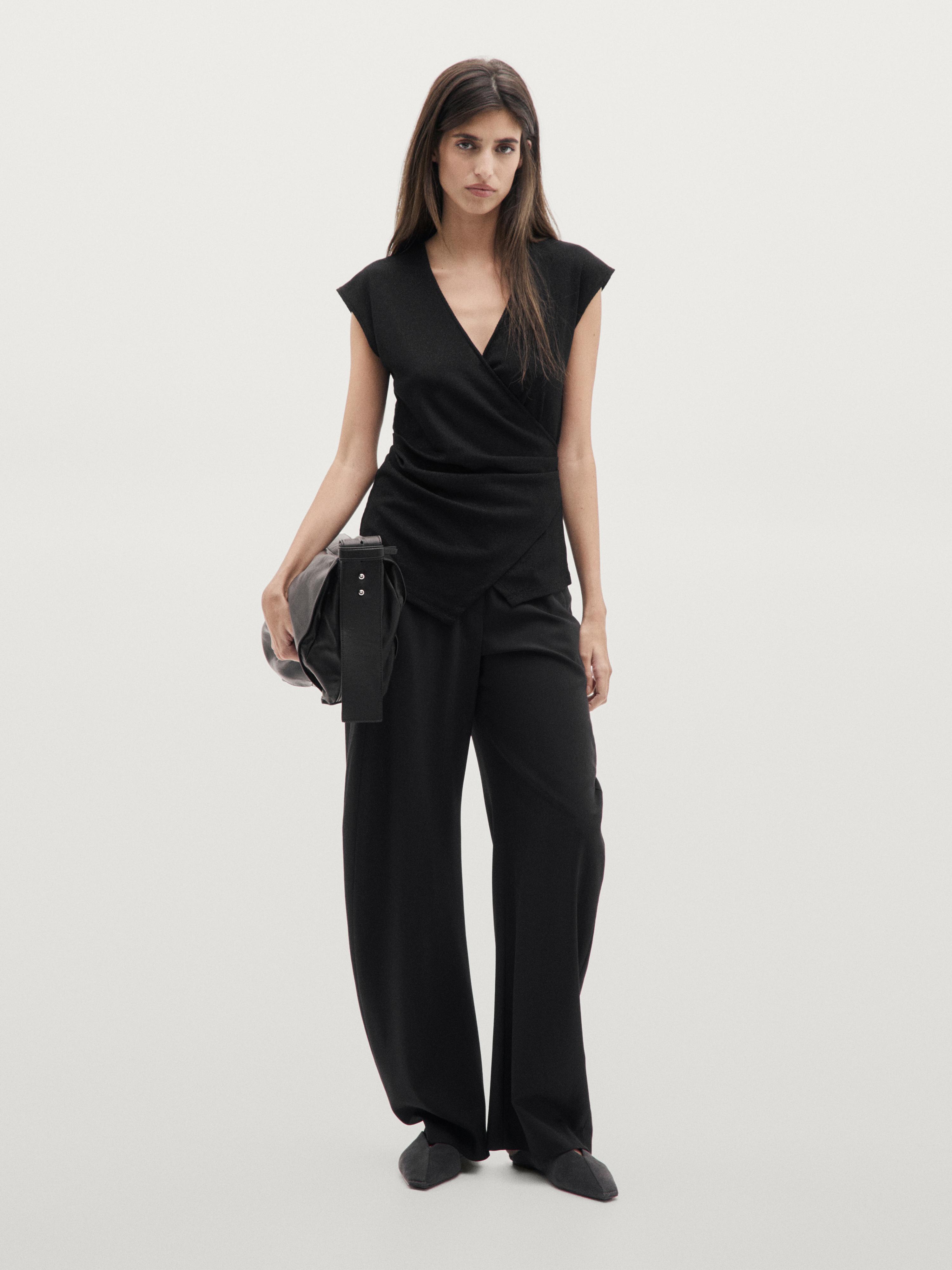 Metallic finish top with surplice neckline