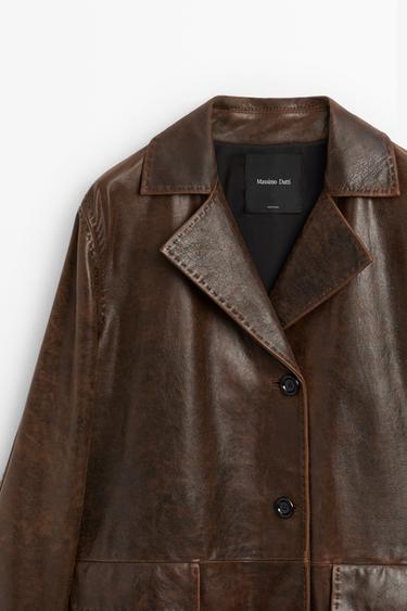 Distressed effect leather blazer — BROWN 4