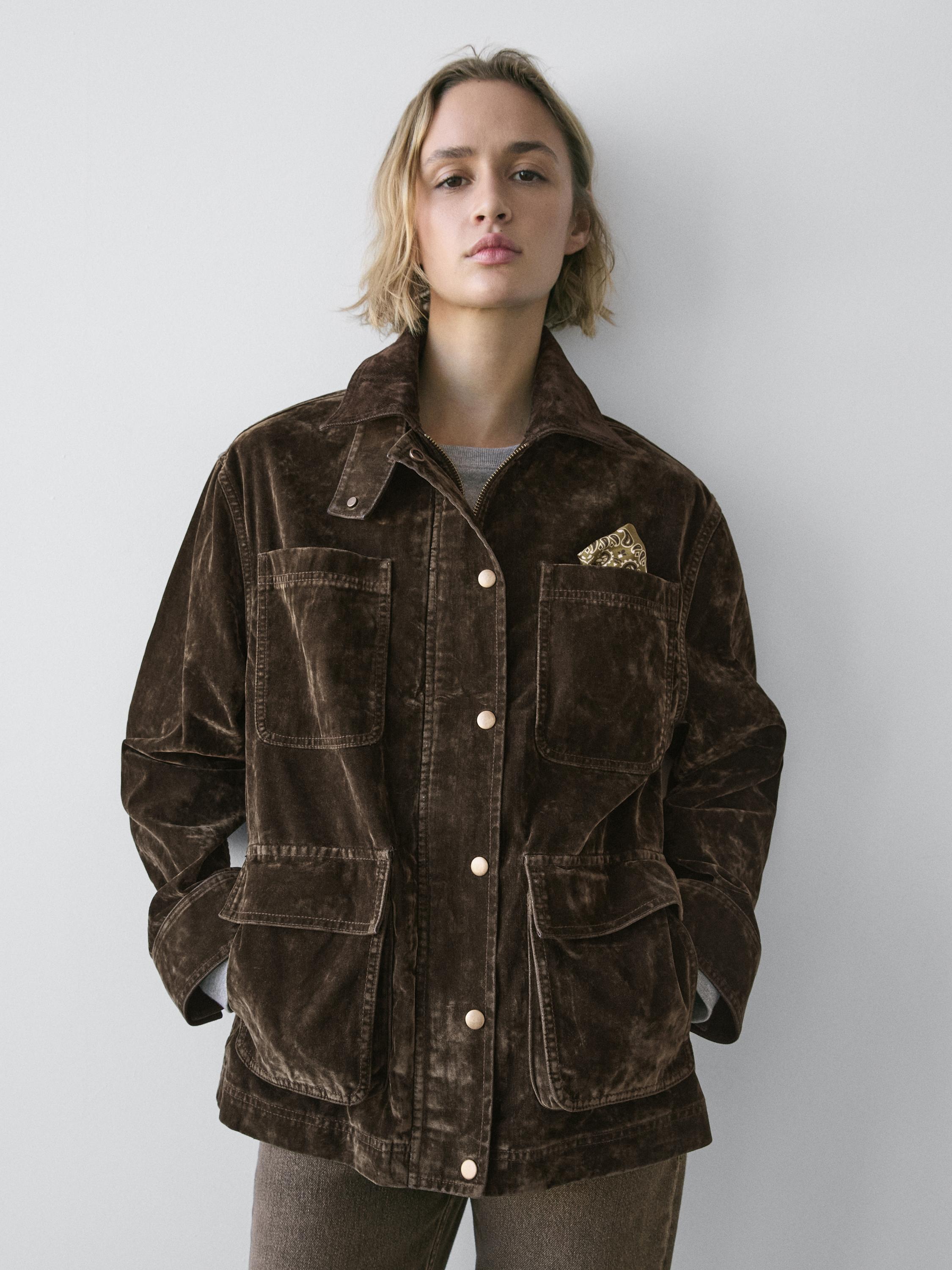 Flocked denim jacket with collar detail — KHAKI