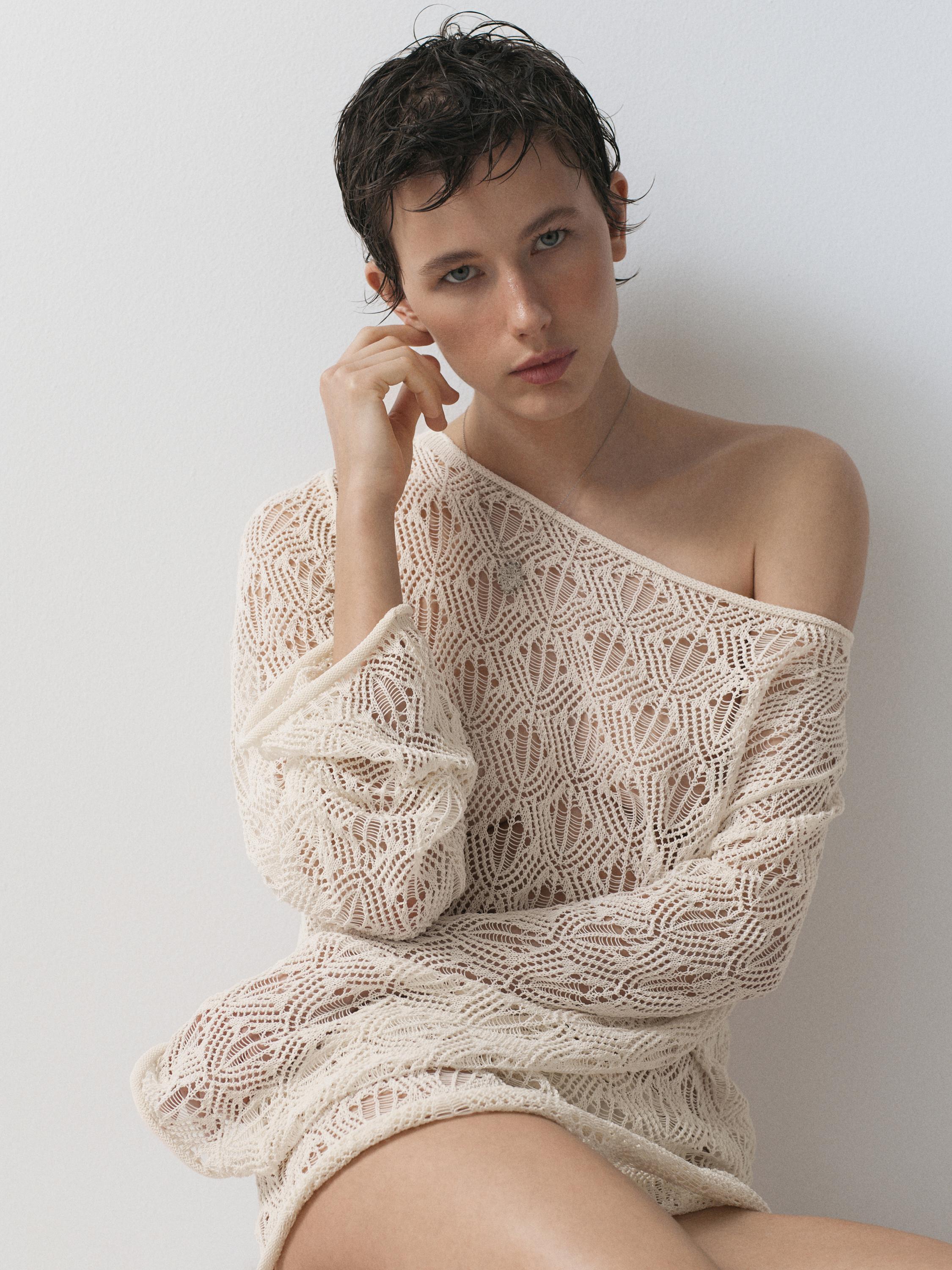 Boatneck sweater with openwork detail — CREAM