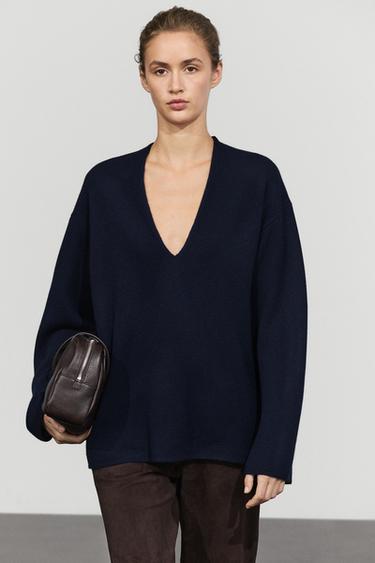 Wool-blend knit V-neck sweater — INDIGO BLUE 3