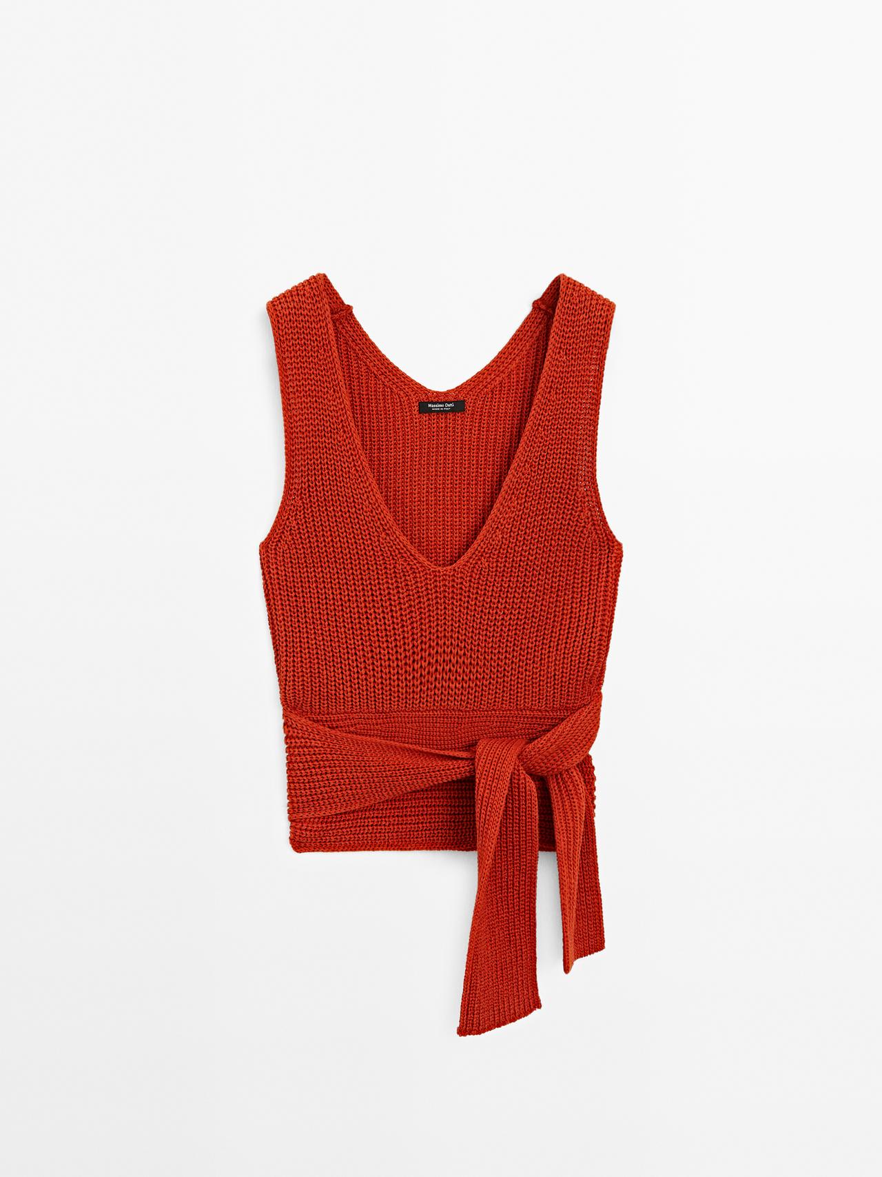 Massimo Dutti - Dame - Top I 100 % Bomuld Med Bindedetalje - Orange - Xs