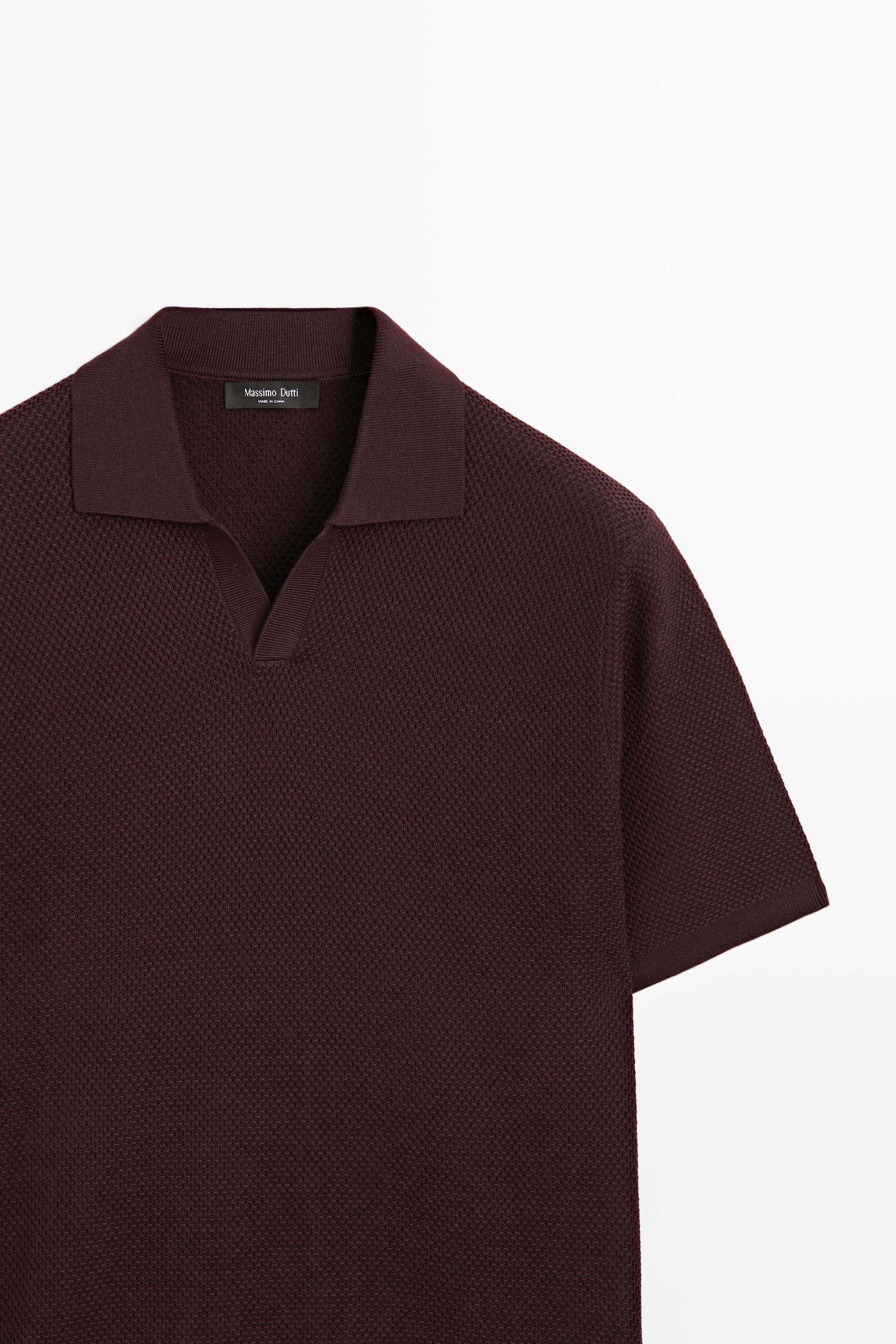 Cotton blend knit V-neck polo shirt — BURGUNDY