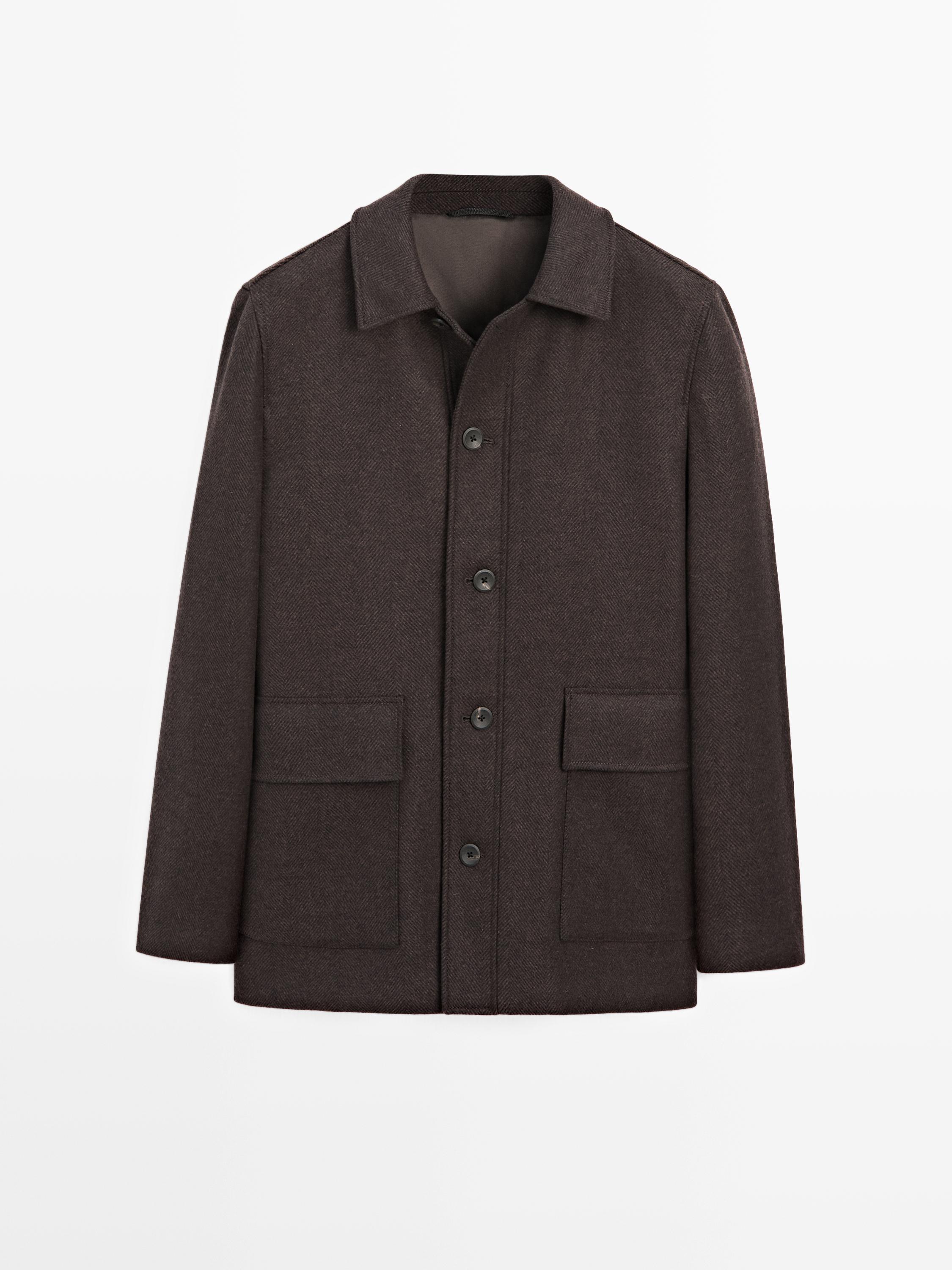 Mid-length herringbone wool blend coat