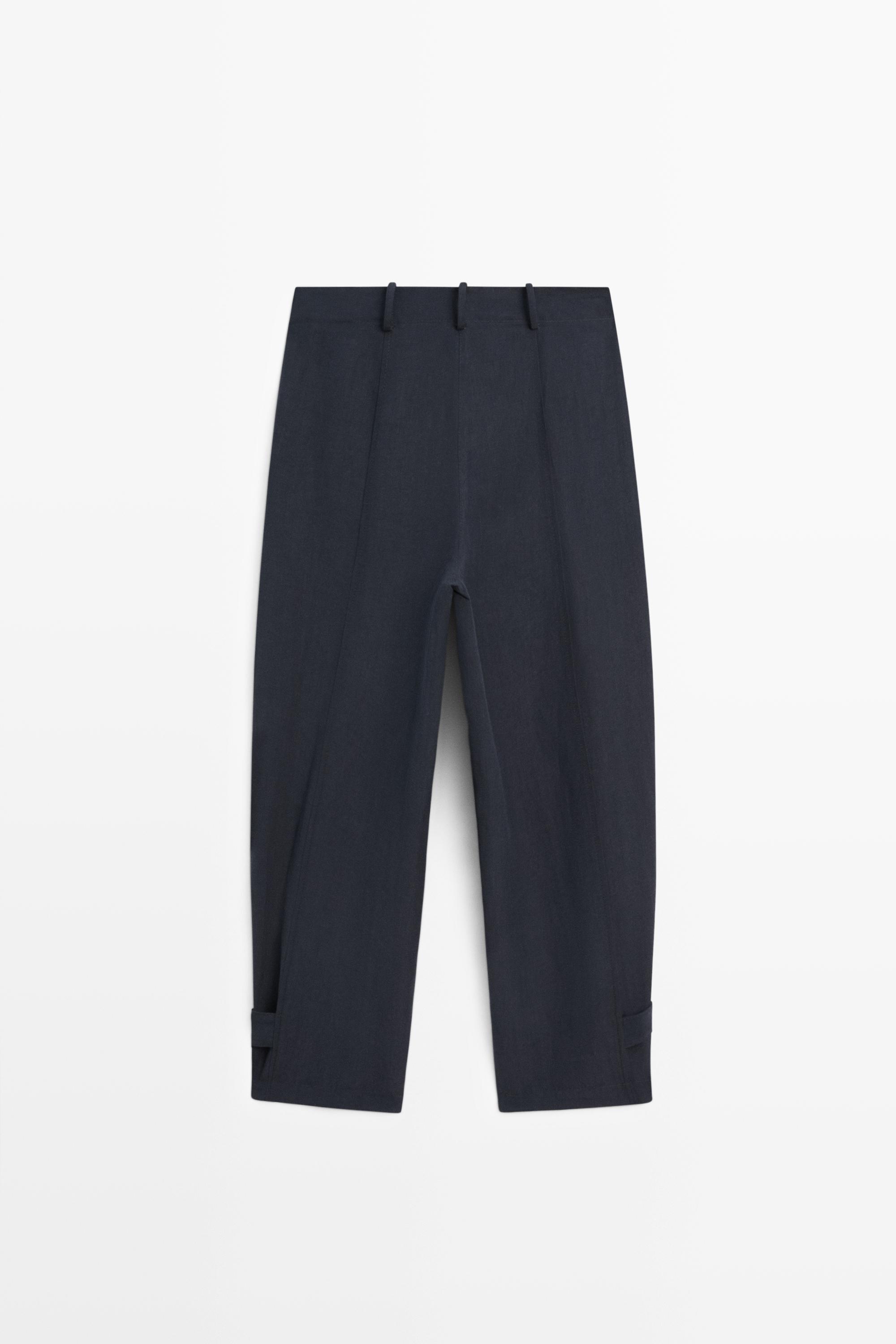 Flowing linen blend pants with buttoned tab detail — NAVY BLUE