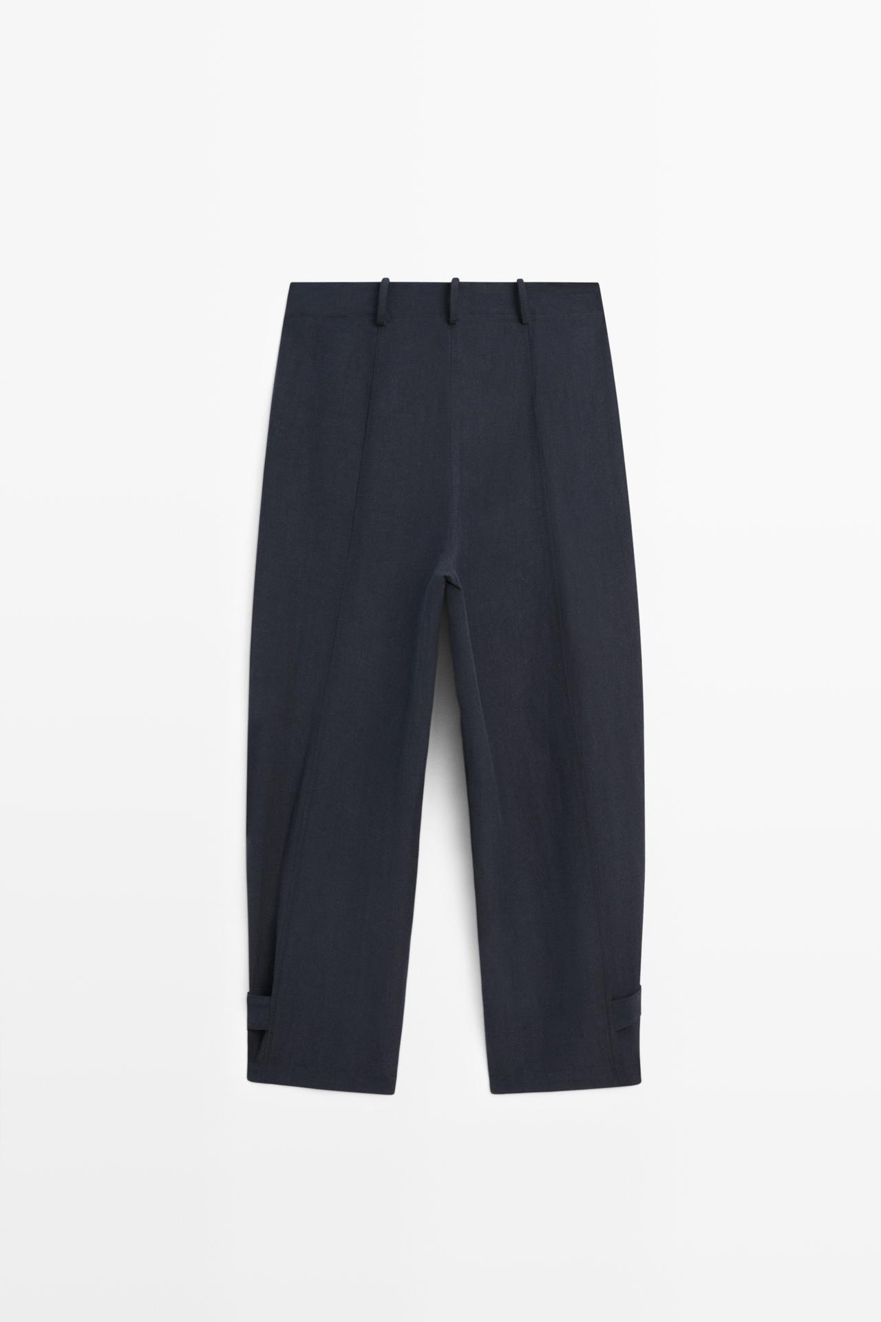 Flowing linen blend pants with buttoned tab detail — NAVY BLUE