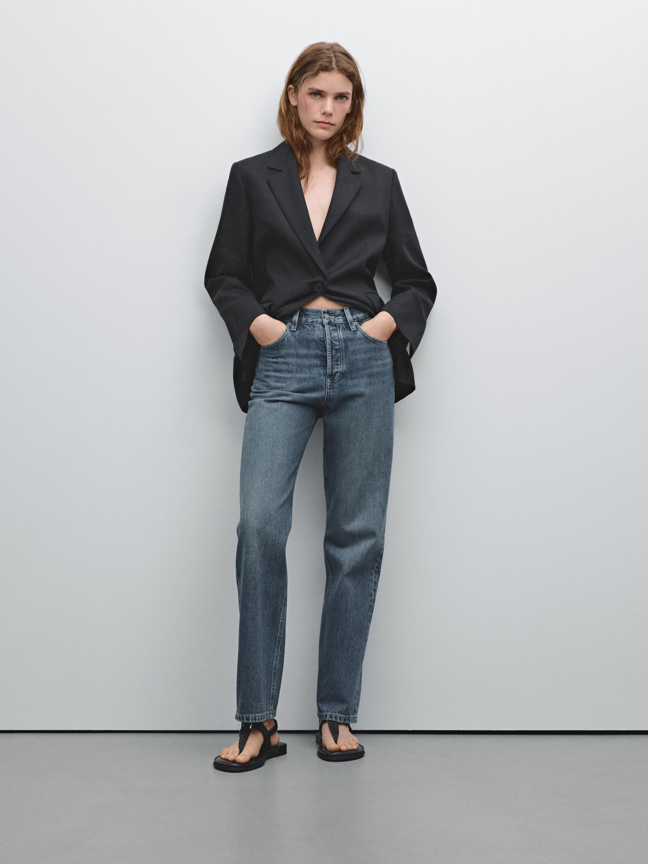 Cotton blend high-waist straight-leg jeans