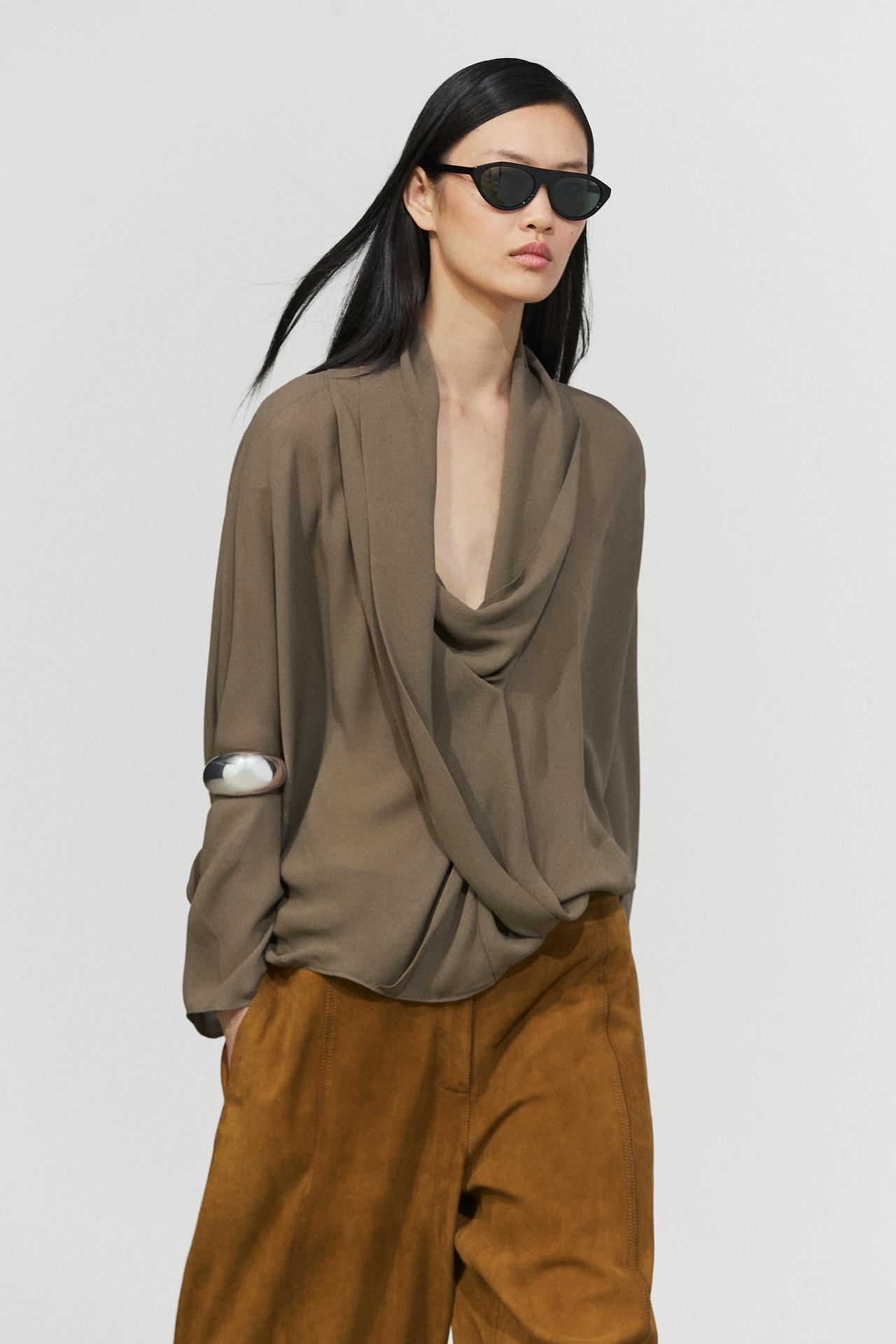 Flowing wrap blouse with draped neckline — DARK KHAKI