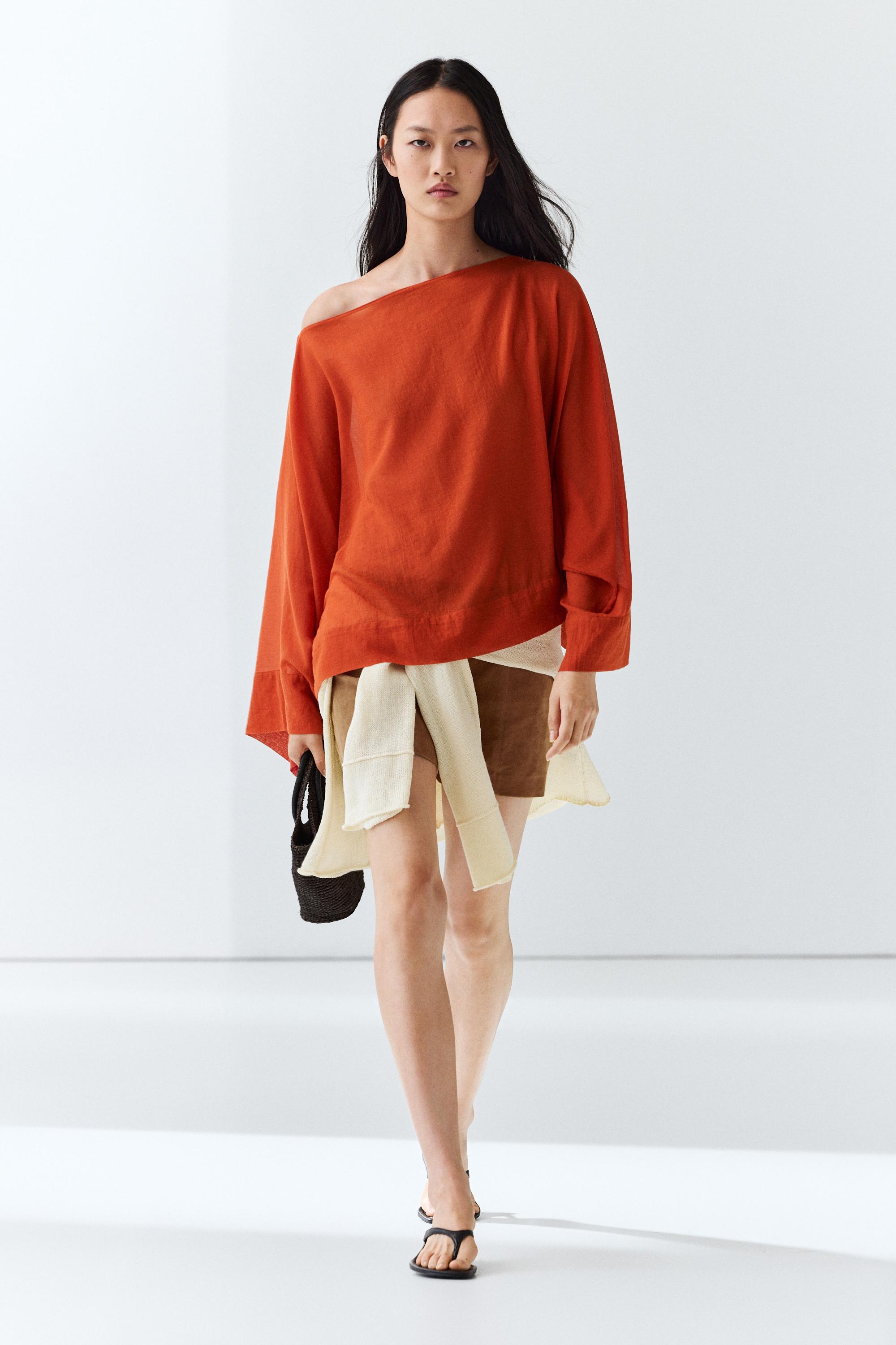 Flowing 100% cotton shirt with voluminous sleeves — BURNT ORANGE