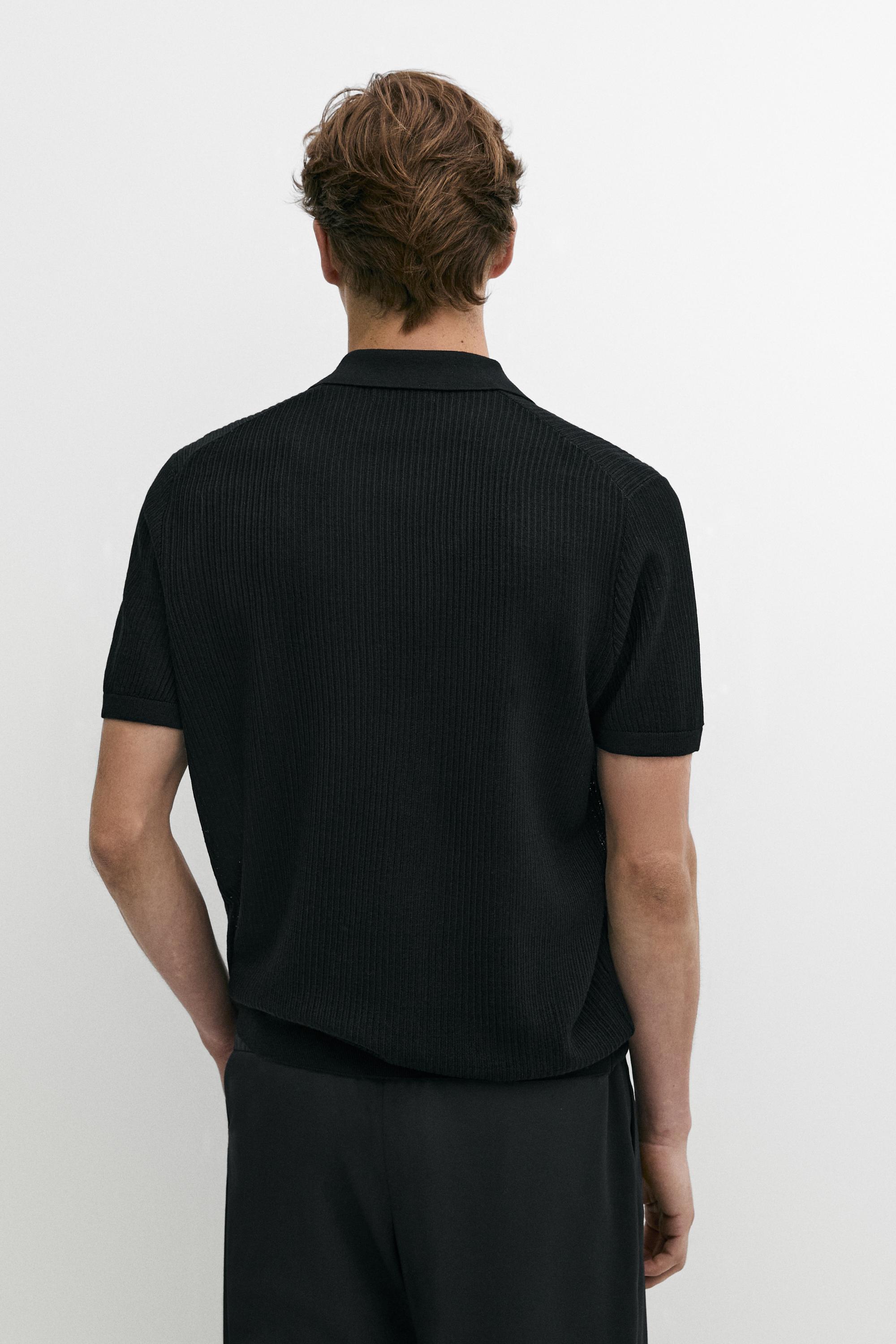 Wool blend short sleeve knit polo — BLACK