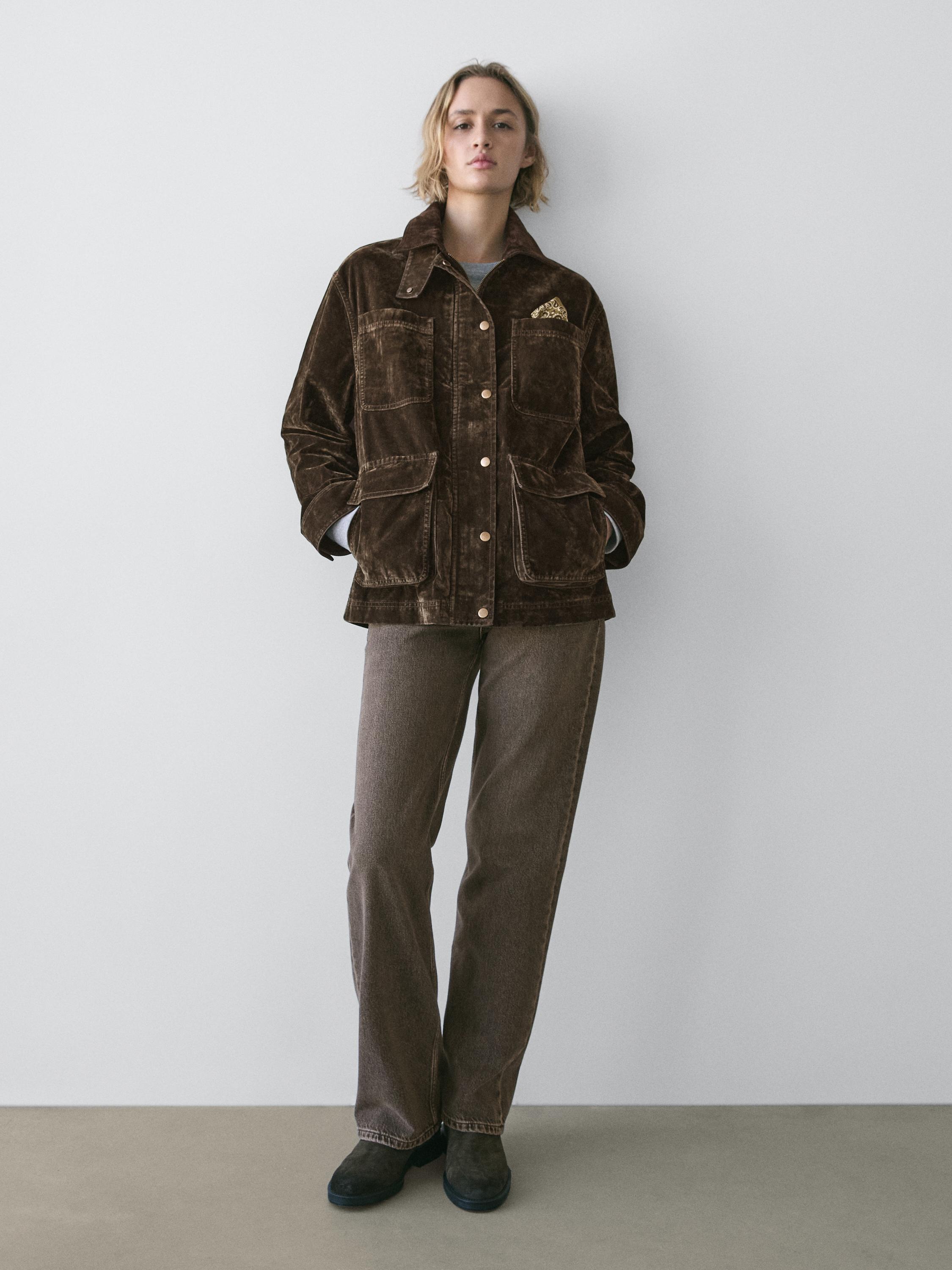 Flocked denim jacket with collar detail — KHAKI