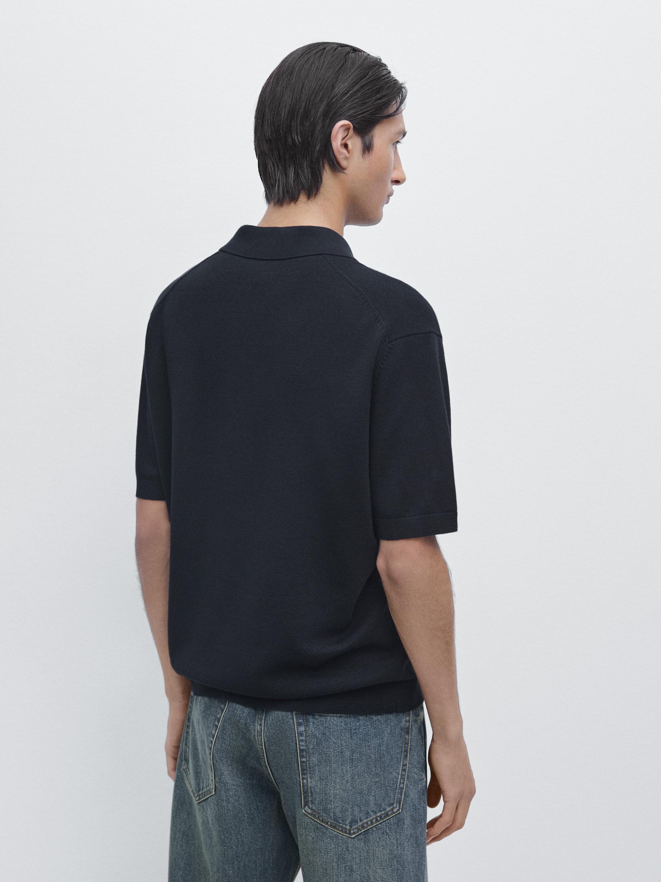 Cotton blend knit polo sweater — NAVY BLUE