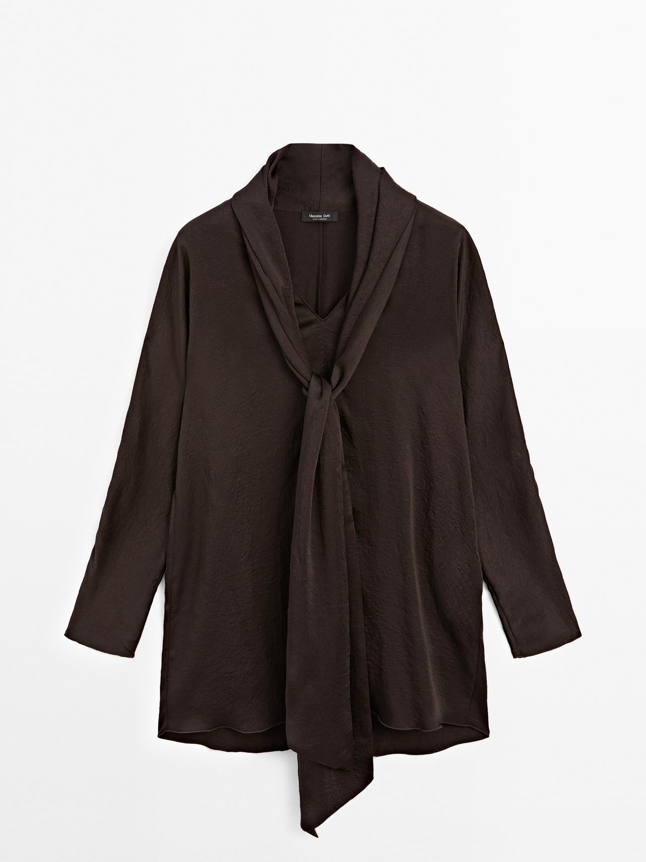 Massimo Dutti - Dame - Lang, Loose Fit Bluse Med Bindedetalje I Halsen - Brun - Xs