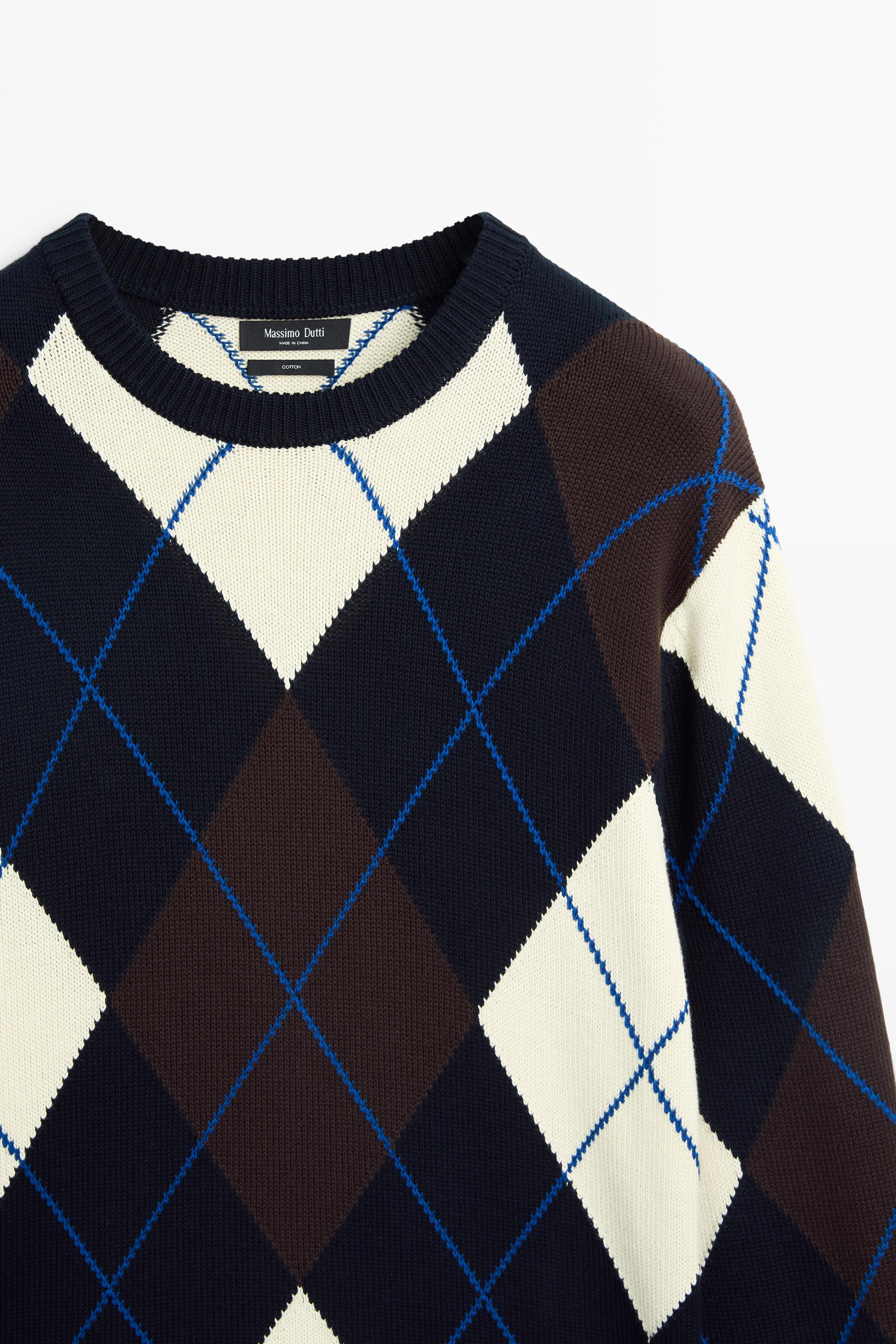 100% Cotton Argyle Knit Sweater — NAVY BLUE
