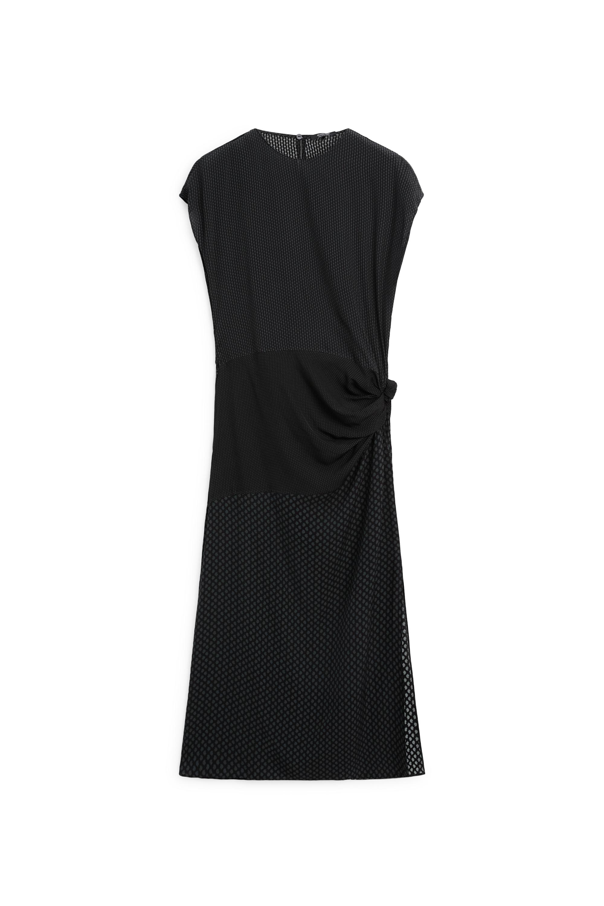 Long flowing printed dress with knot detail — BLACK