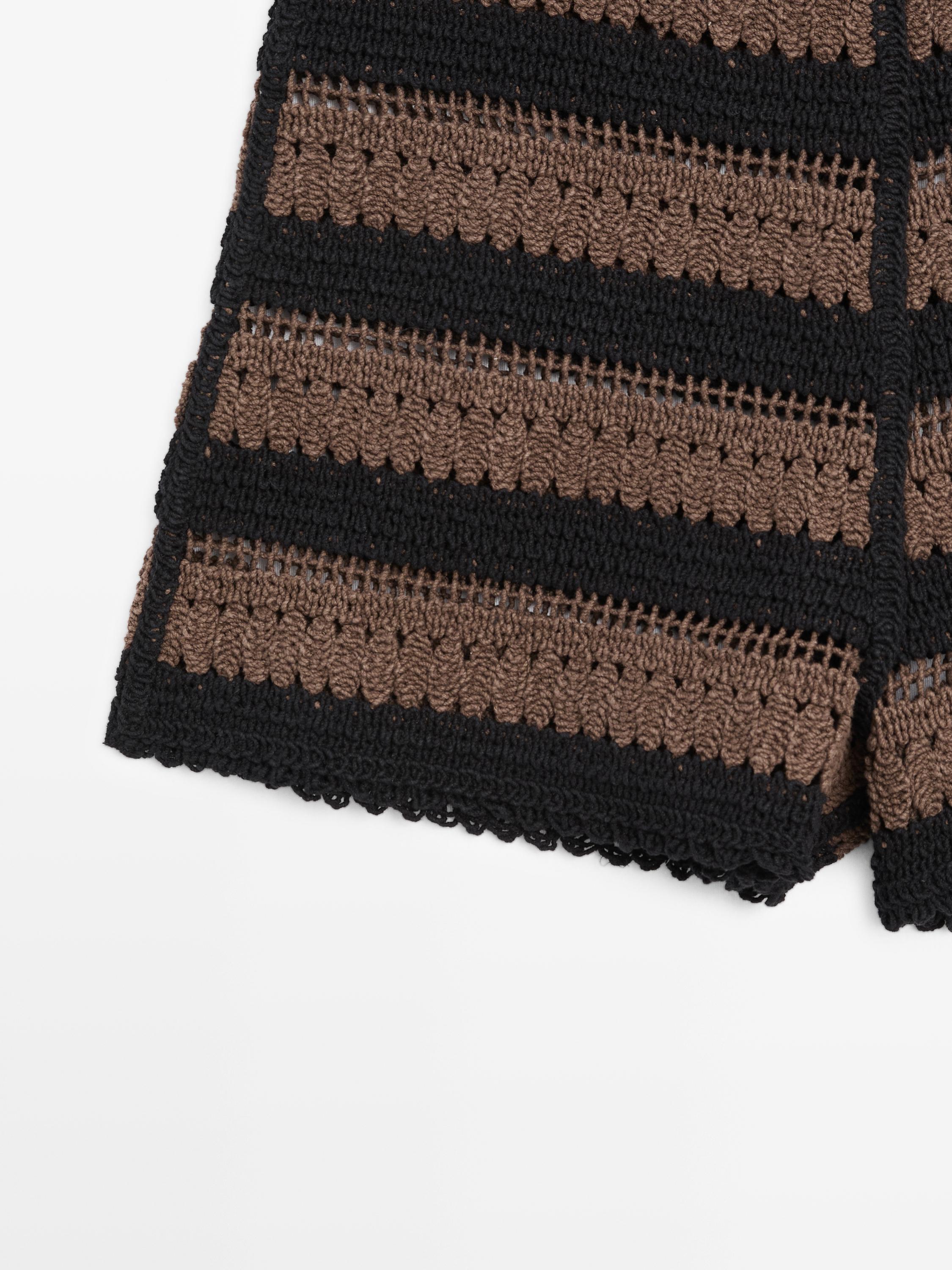 Striped cotton crochet shorts — BROWN