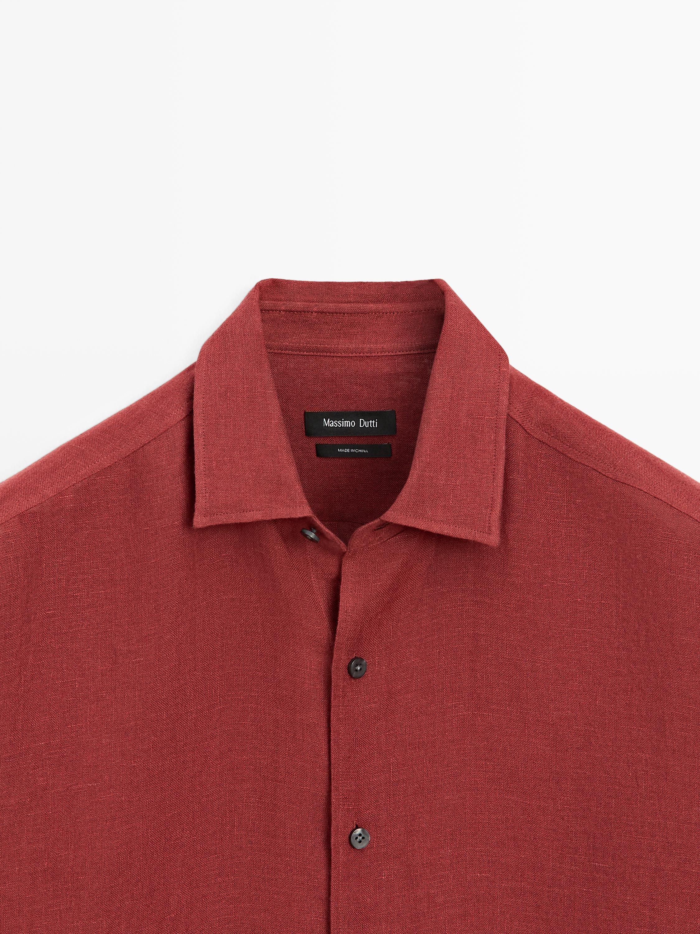 Textured 100% linen regular fit shirt — RED