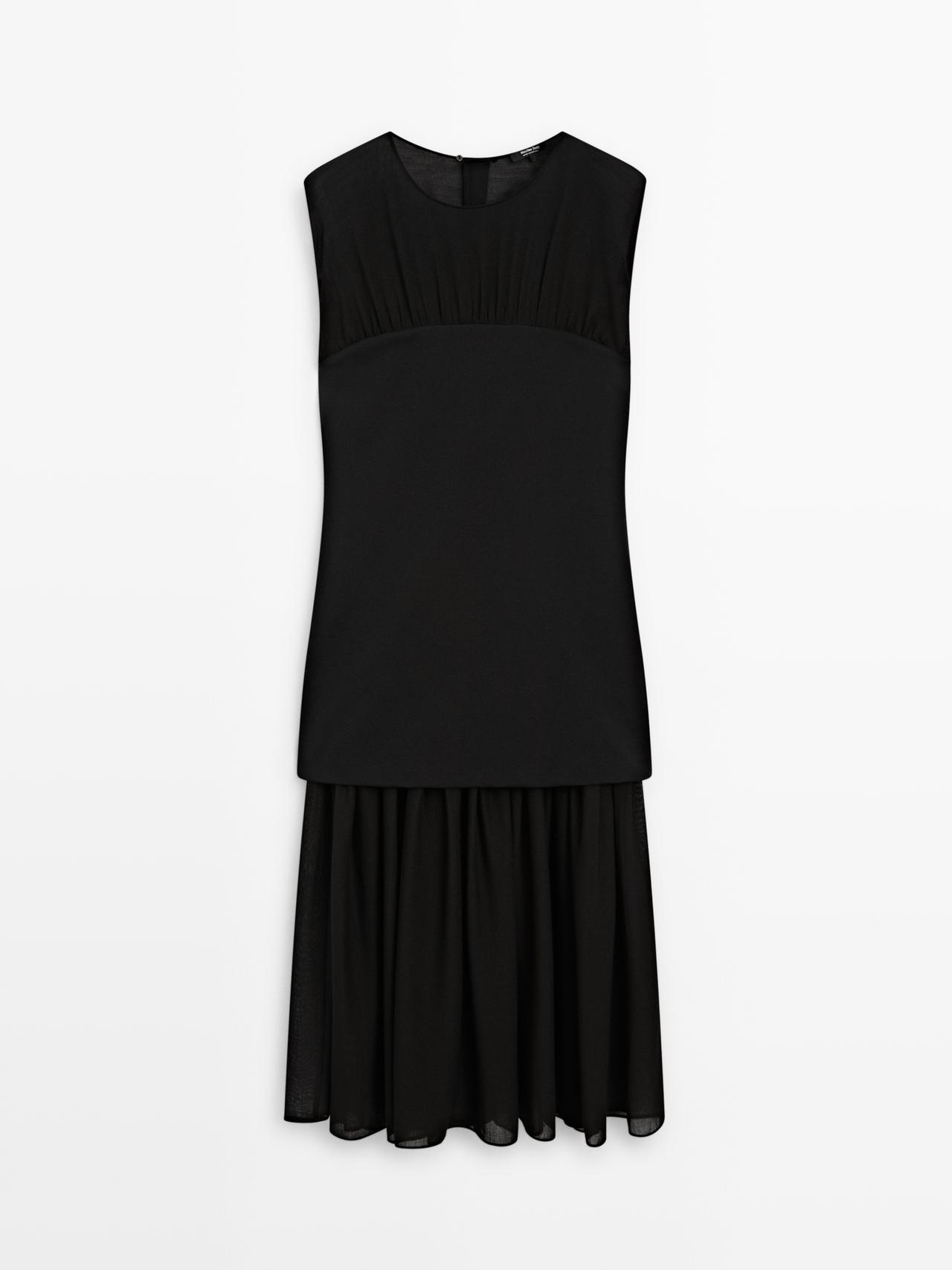 Massimo Dutti - Dame - Halvgennemsigtig Midi-Kjole Med Kontrast - Sort - 38