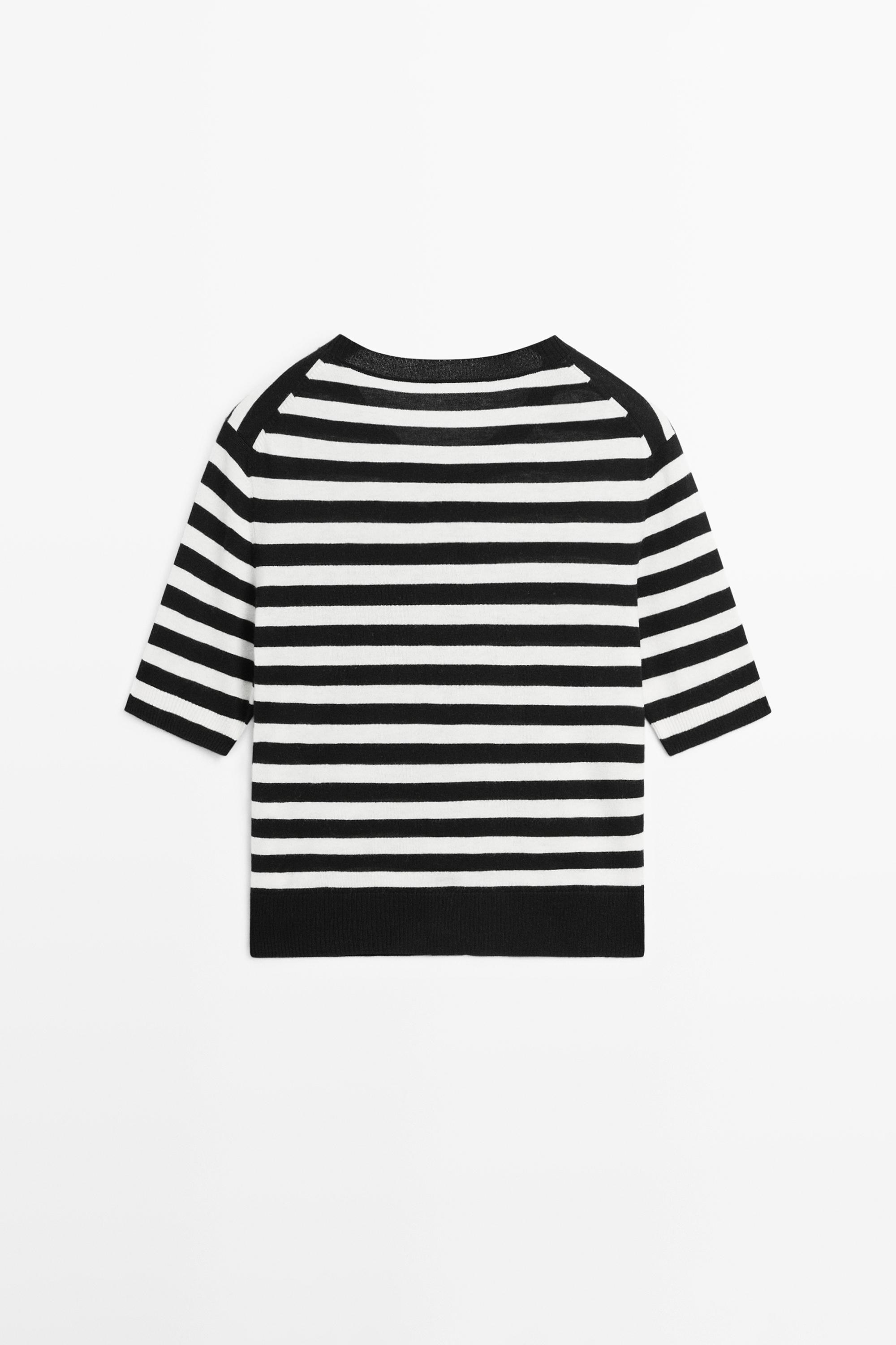 Striped short sleeve knit cardigan — BLACK