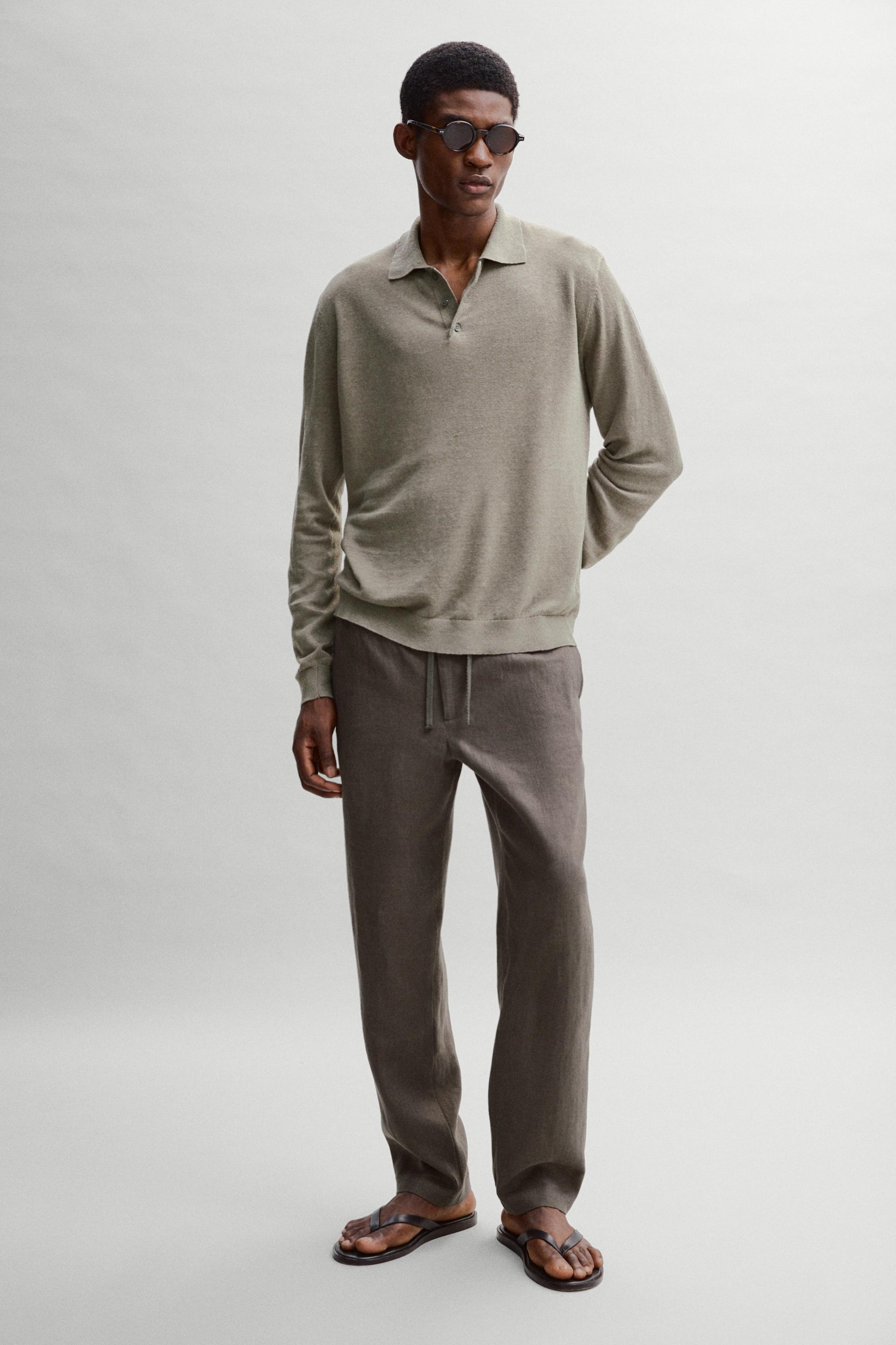 100% linen knit polo collar sweater — PALE KHAKI
