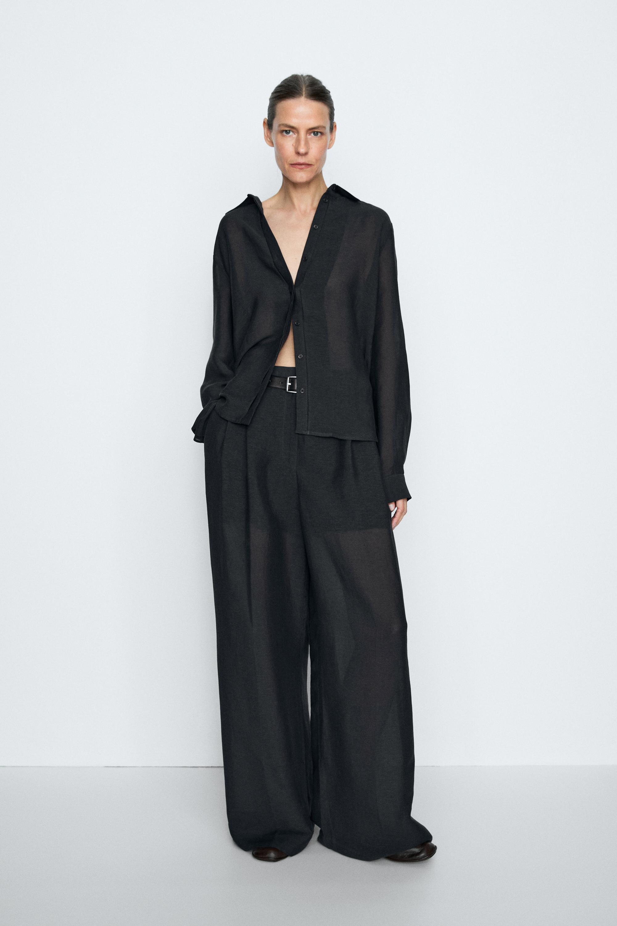 STUDIO semi-sheer flowing shirt — NAVY BLUE