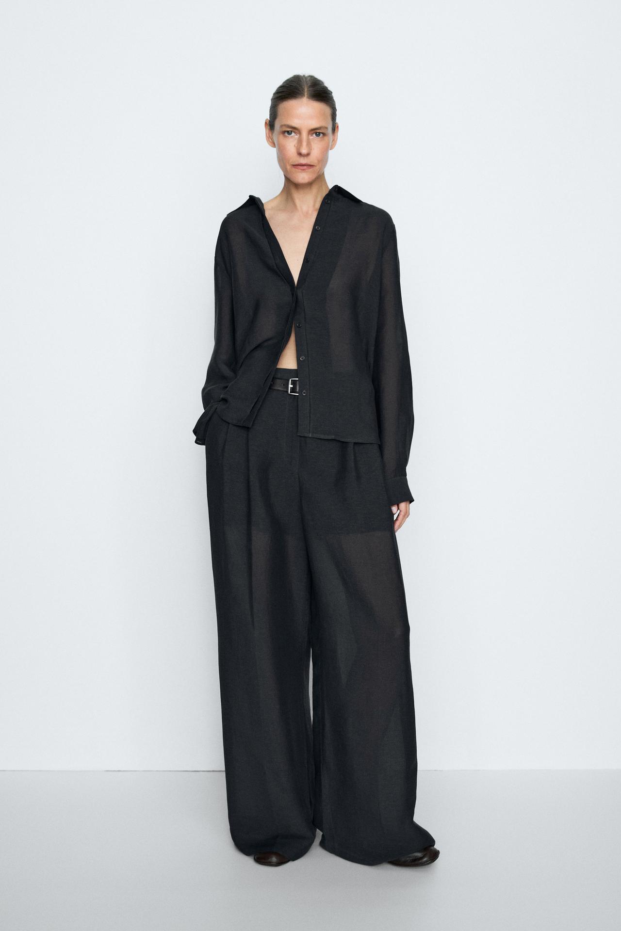 STUDIO semi-sheer flowing shirt — NAVY BLUE