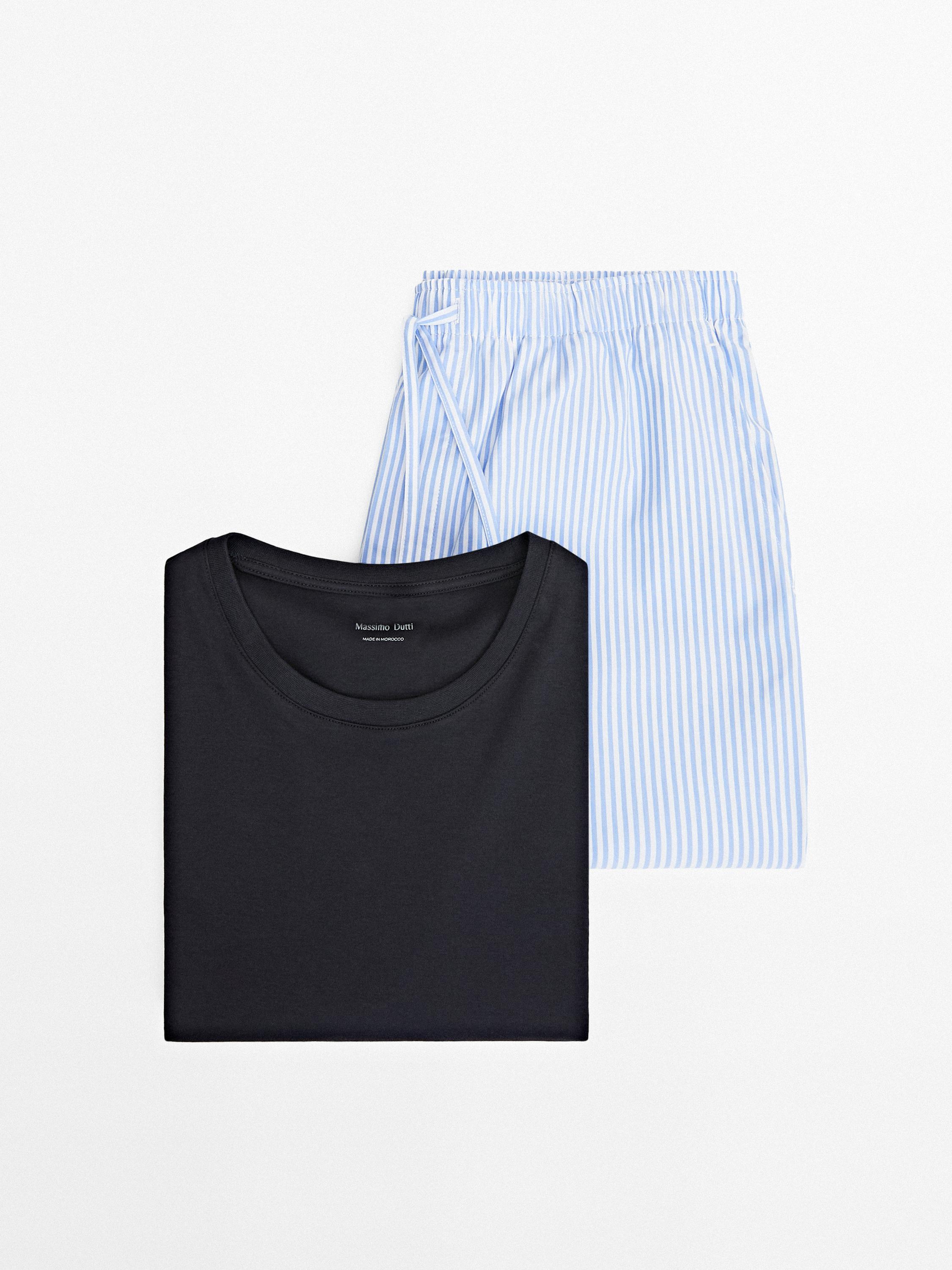 Short sleeve pyjama top and striped trousers