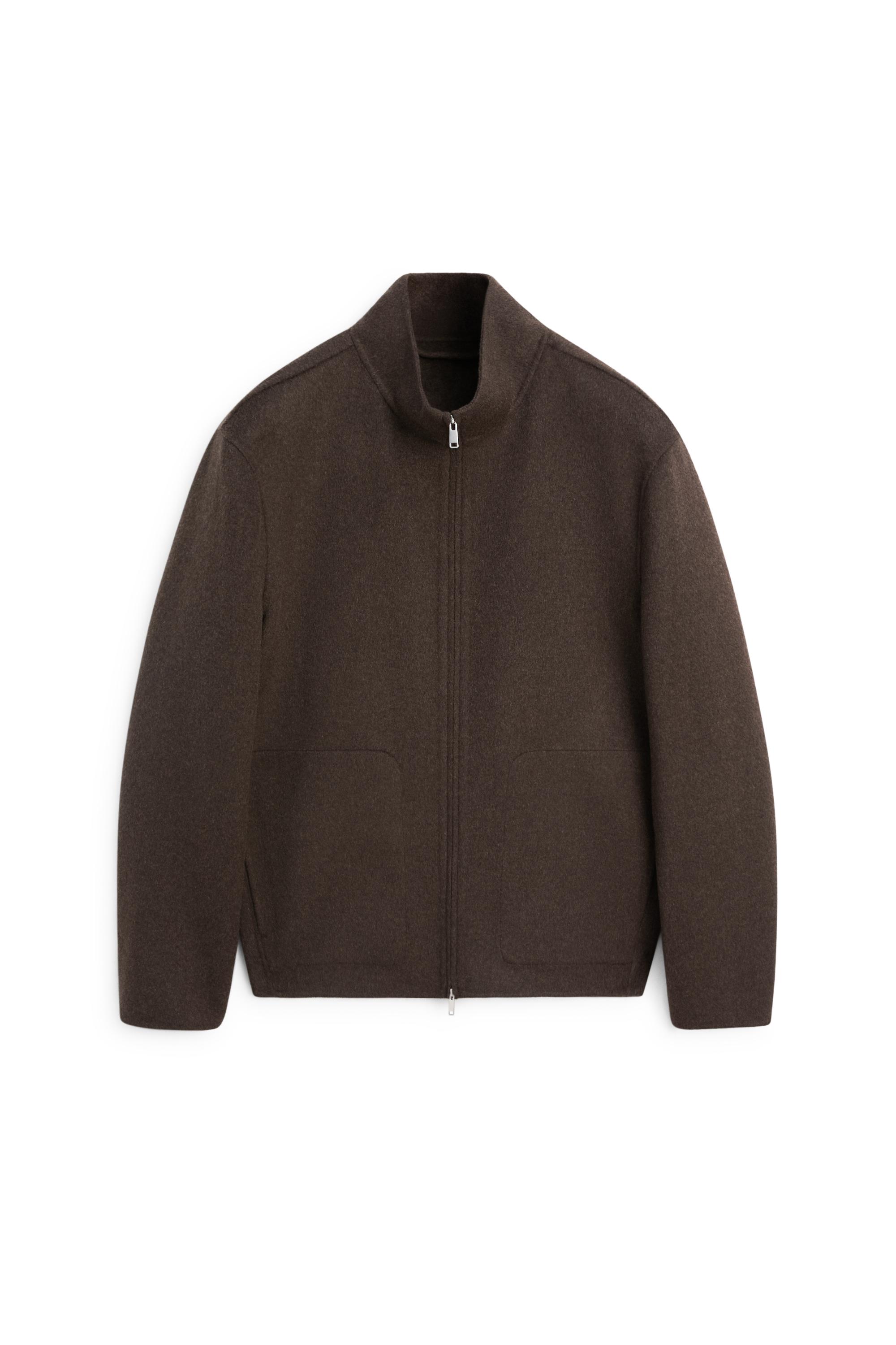 Wool blend double-fabric jacket with stand collar — BROWN