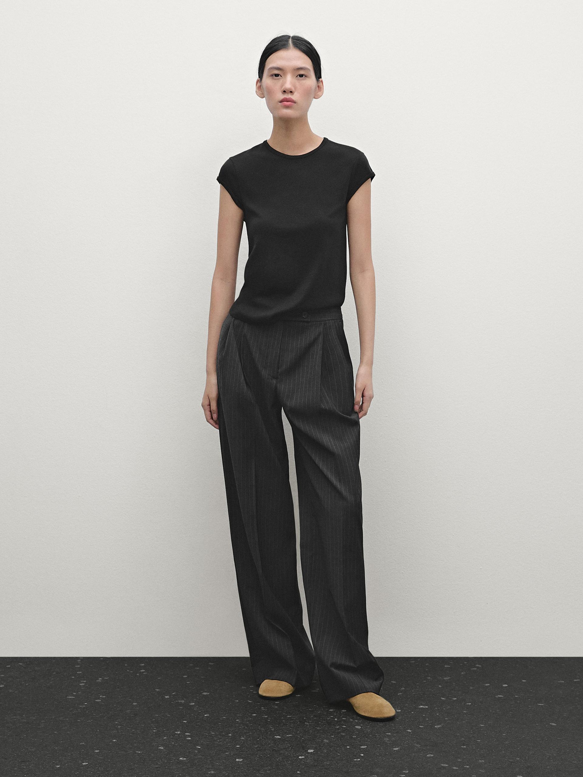 Koszulka Ze 100% Bawełny Z Zaokrąglonym Dołem - Czarny - Xl - Massimo Dutti - Kobieta