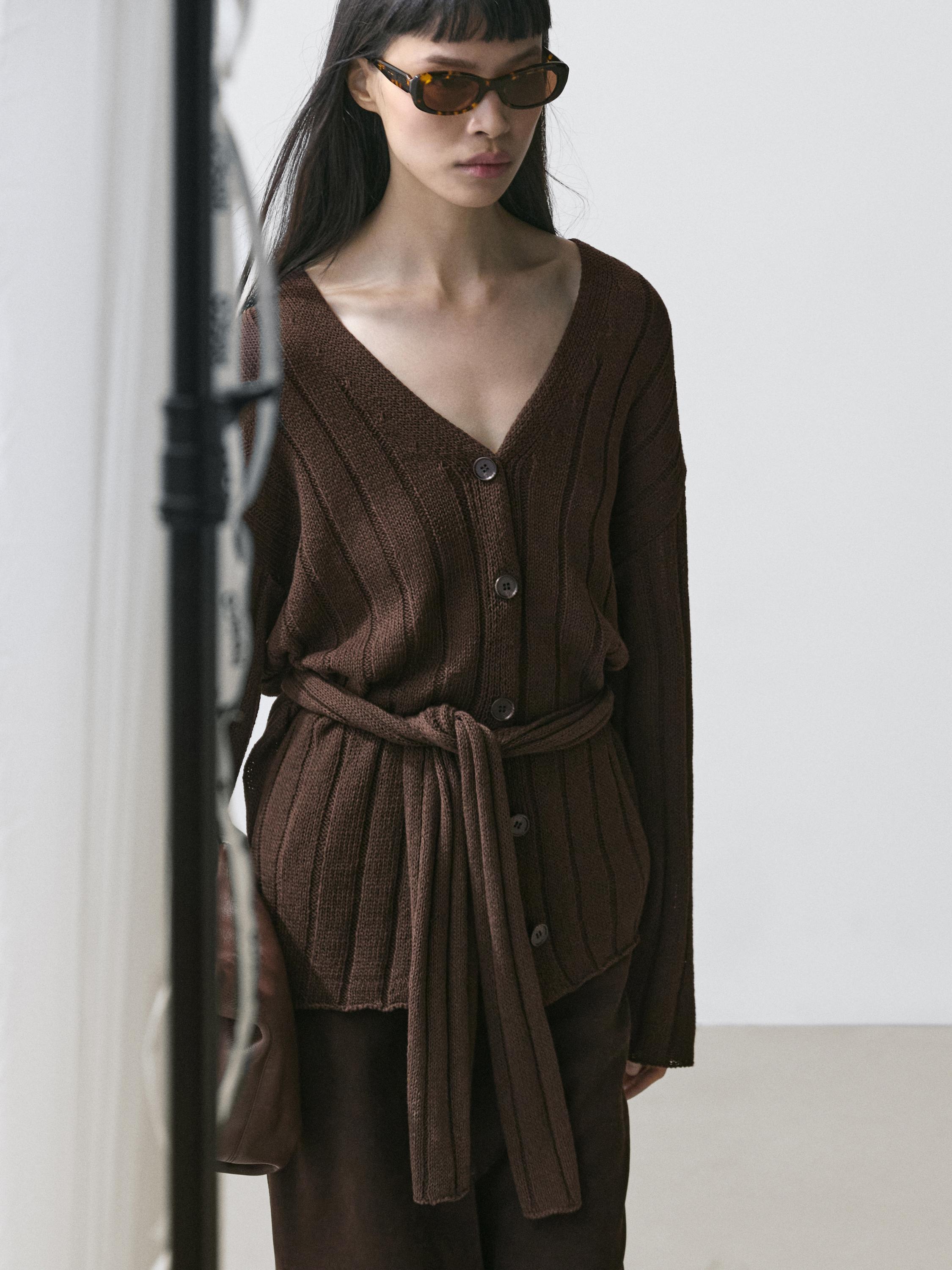 Knit cardigan with waist detail — Chocolate