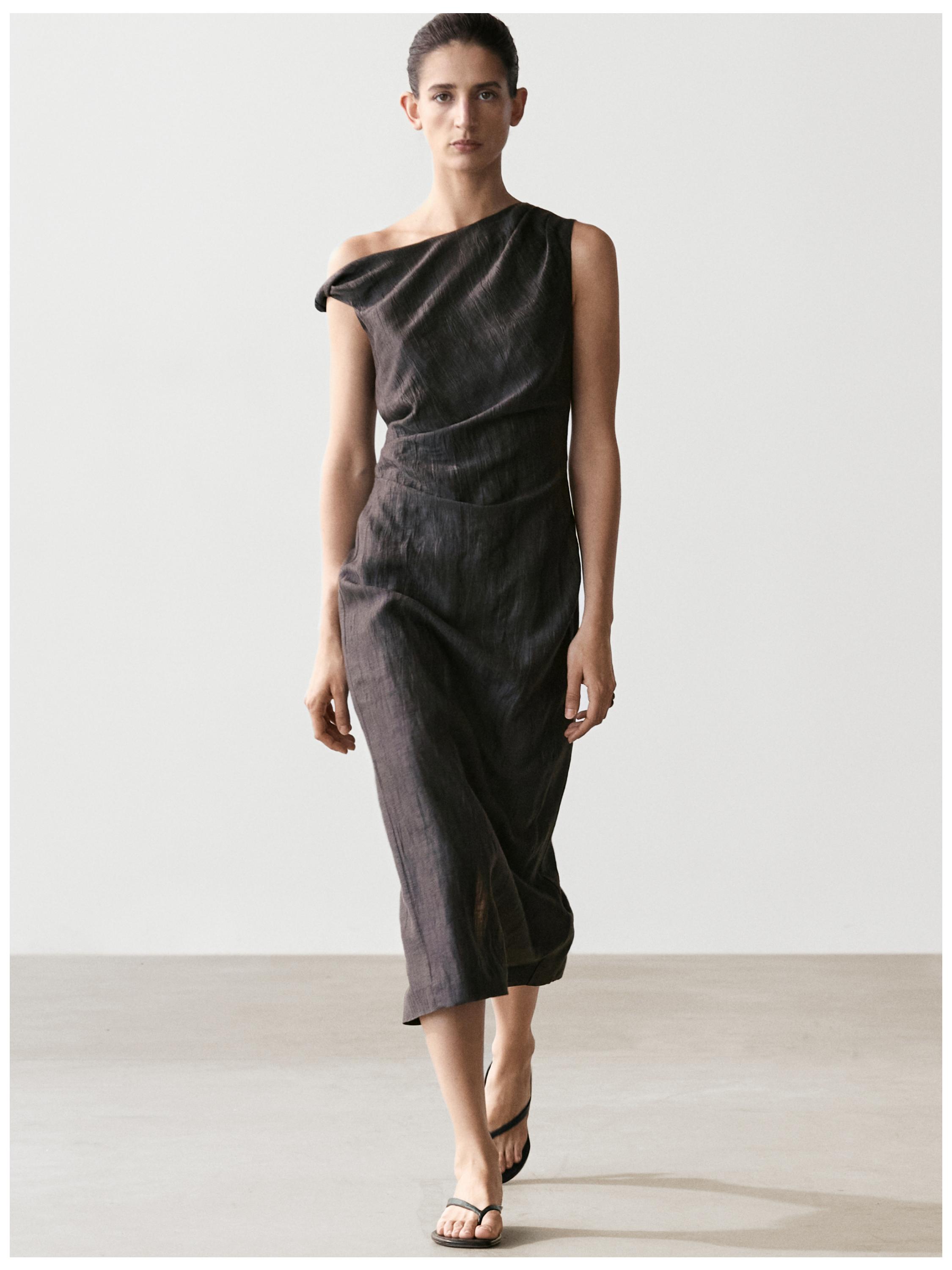 Midi dress with pleated shoulder detail — DARK GREY