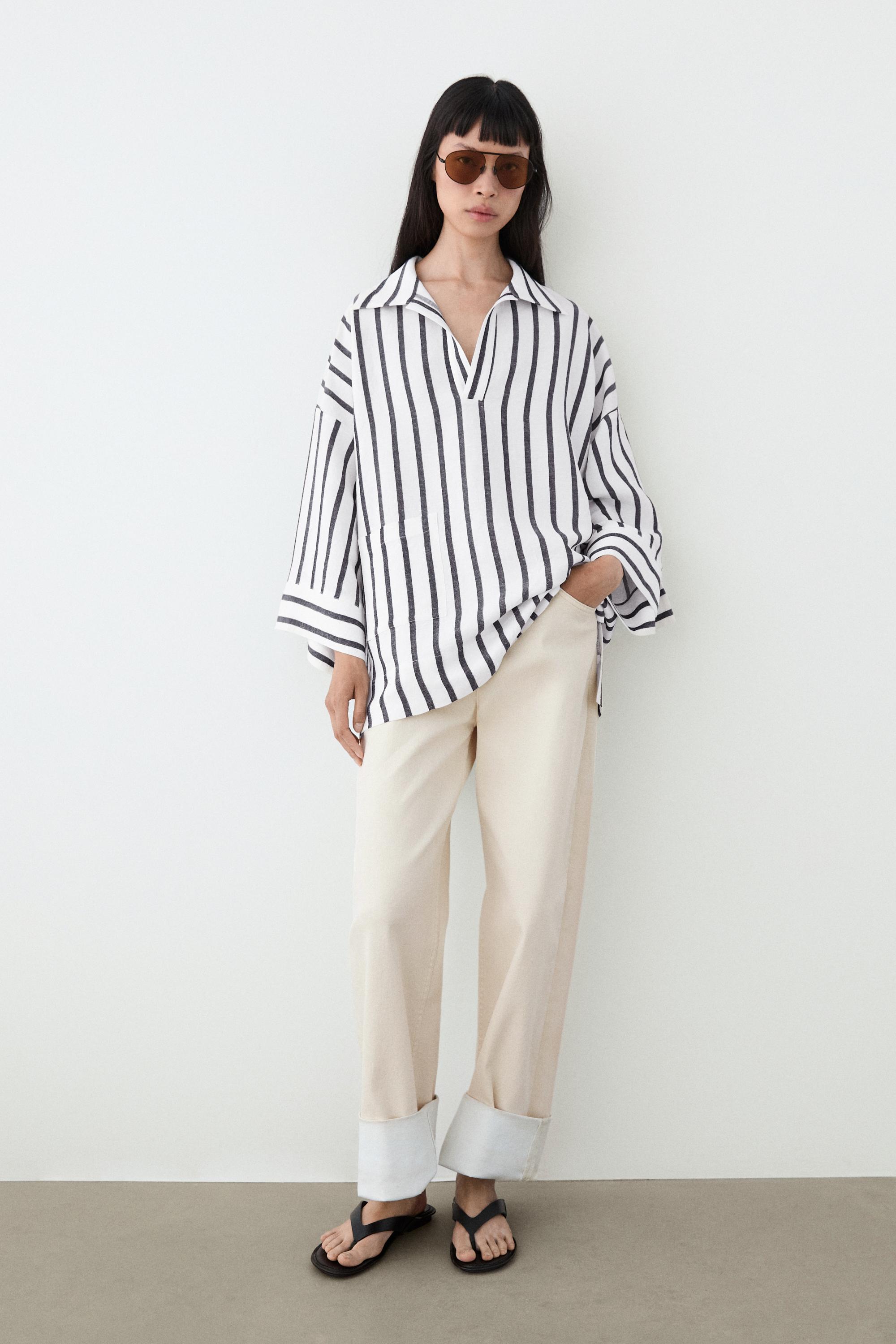 Striped oversize linen blend shirt — WHITE