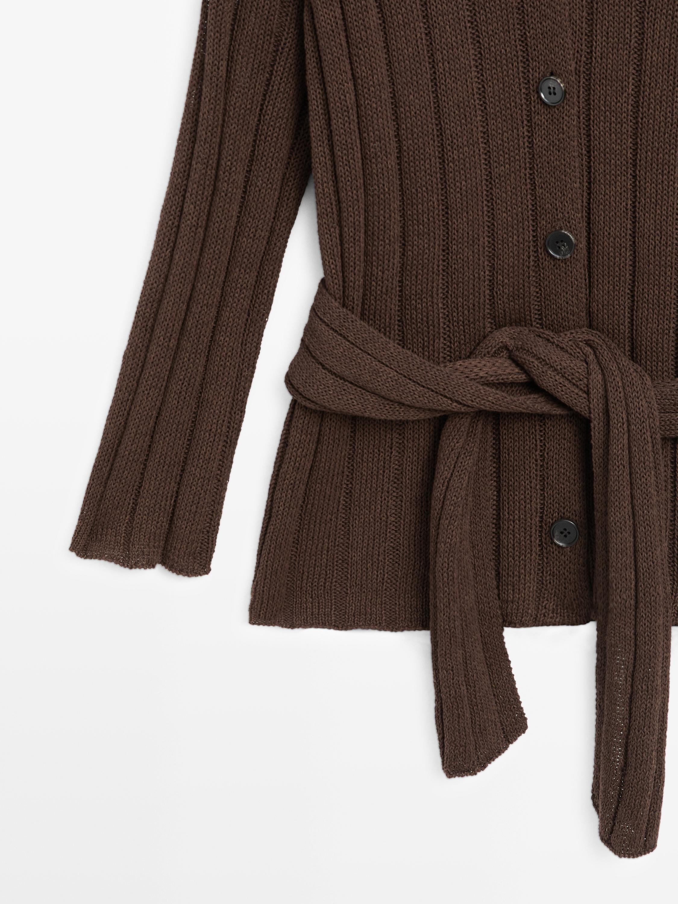 Knit cardigan with waist detail — Chocolate