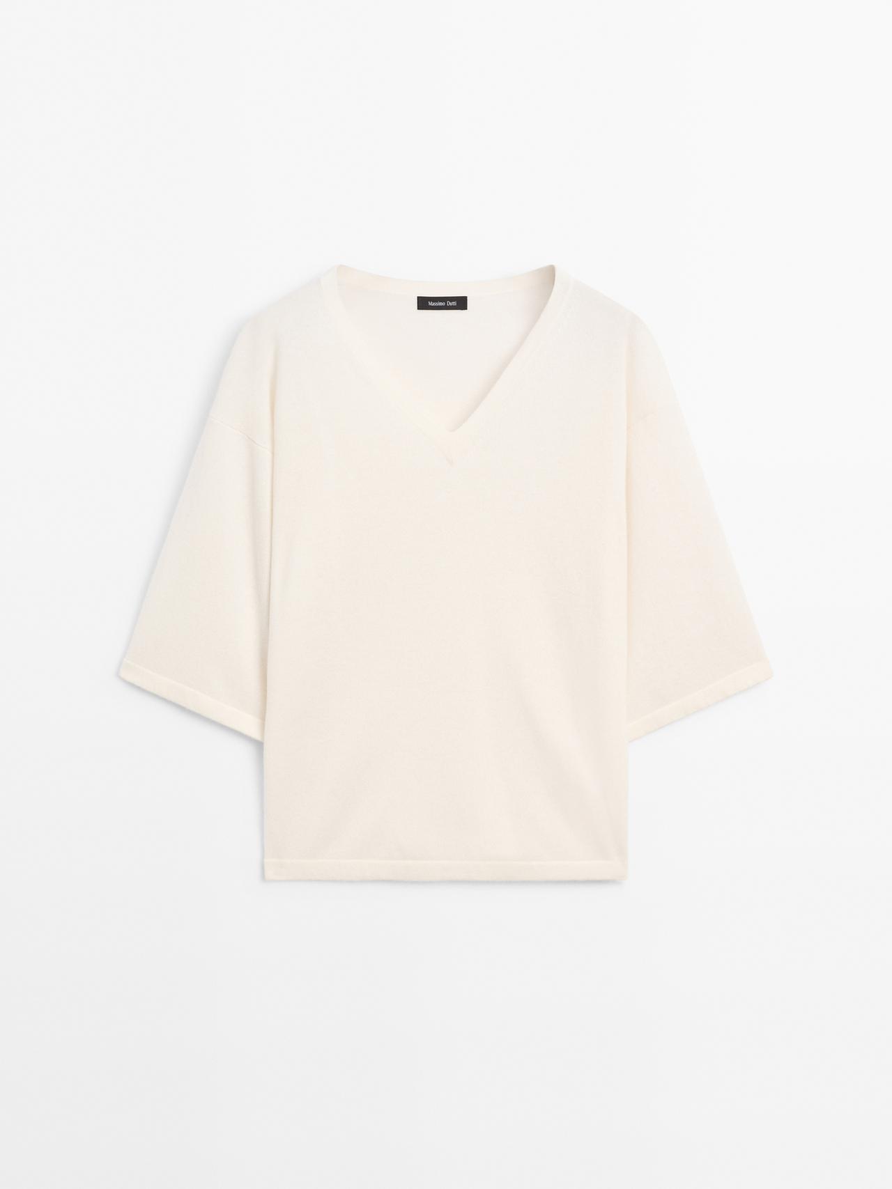Massimo Dutti - Dames - Wolmix Trui Met V-Hals - Wit - Xs