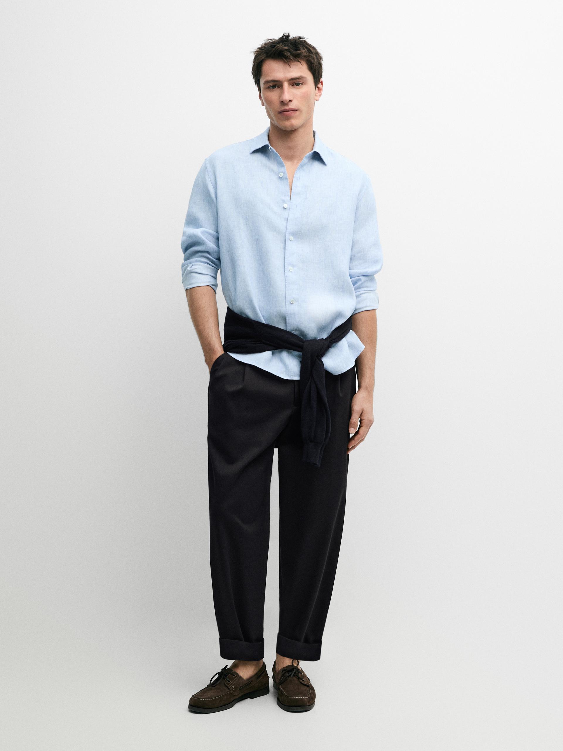 Chemise Regular Fit 100 % Lin - Bleu Clair - Xl - Massimo Dutti - Homme