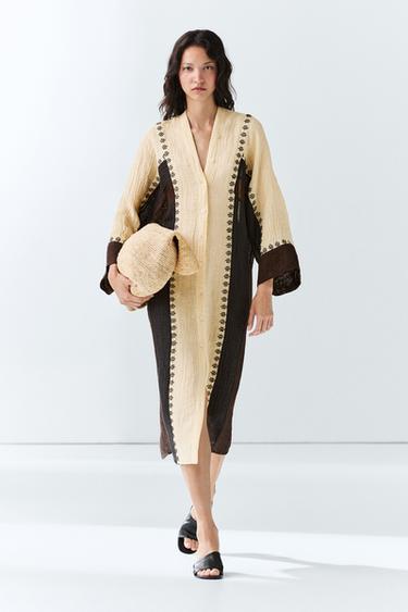 Linen blend embroidered kaftan dress — BROWN 1