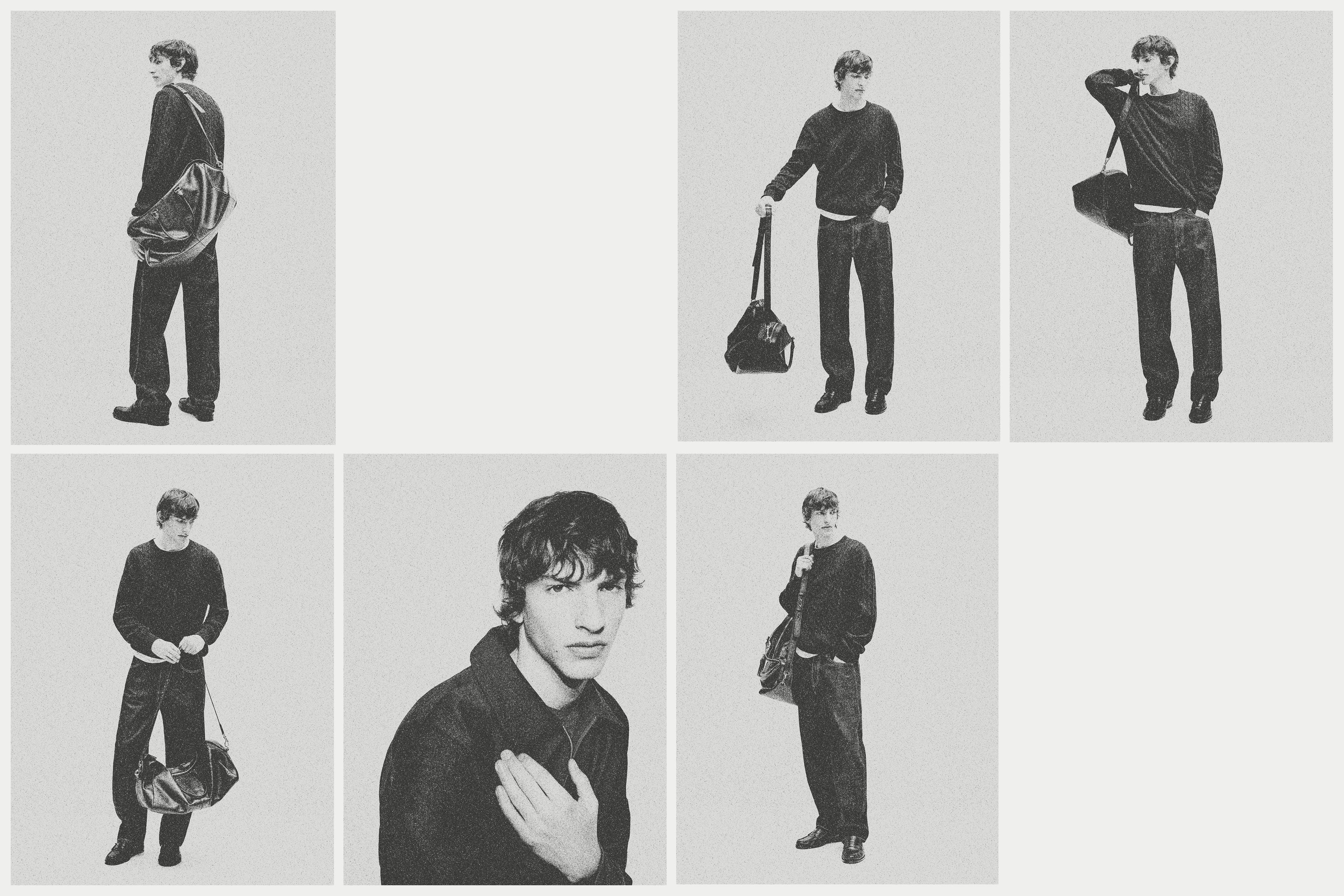 Zwarte trui en donkere broek met grote zwarte tas.