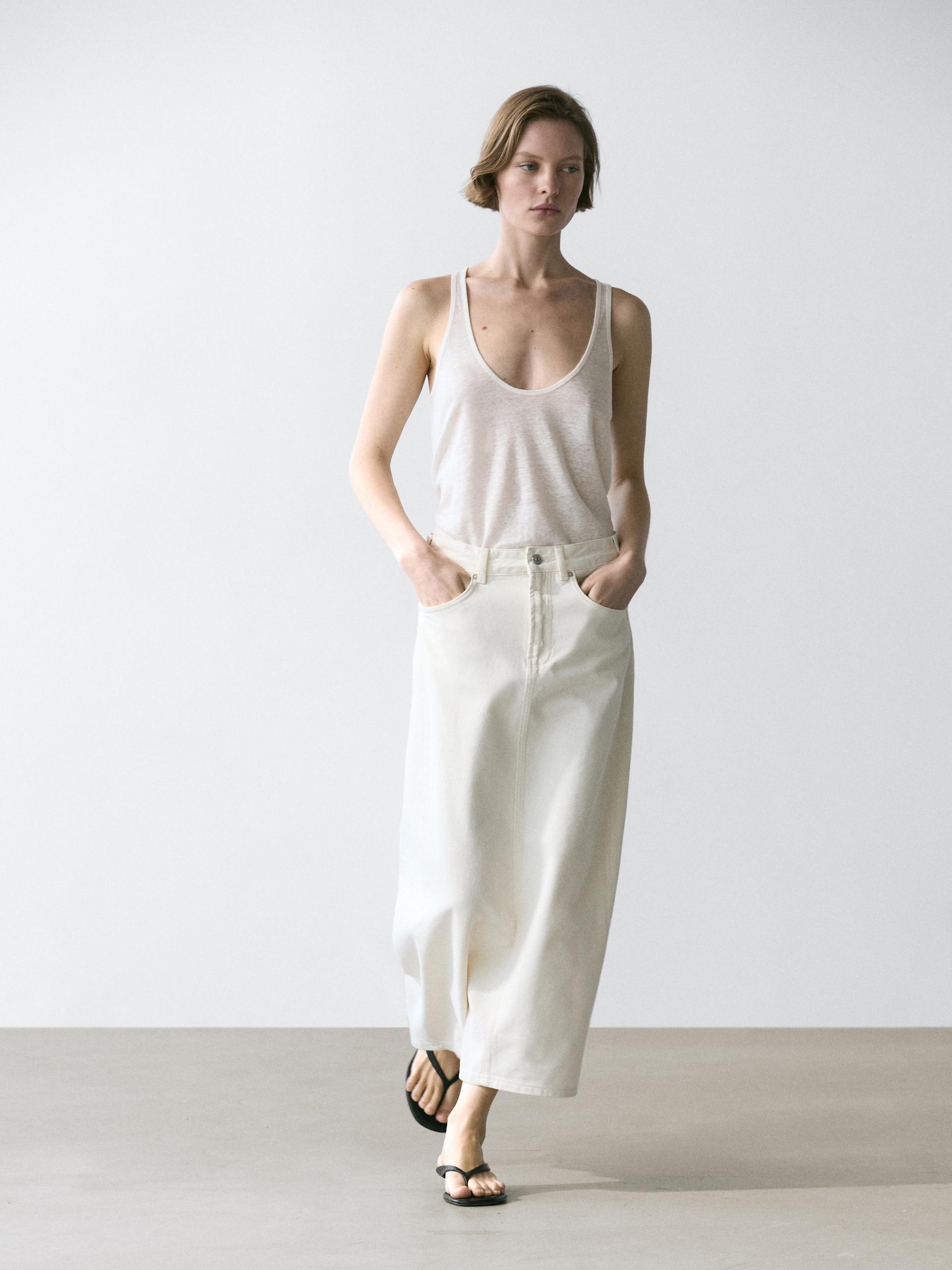 Massimo Dutti Barrel Fit Denim Midi Skirt In Neutral