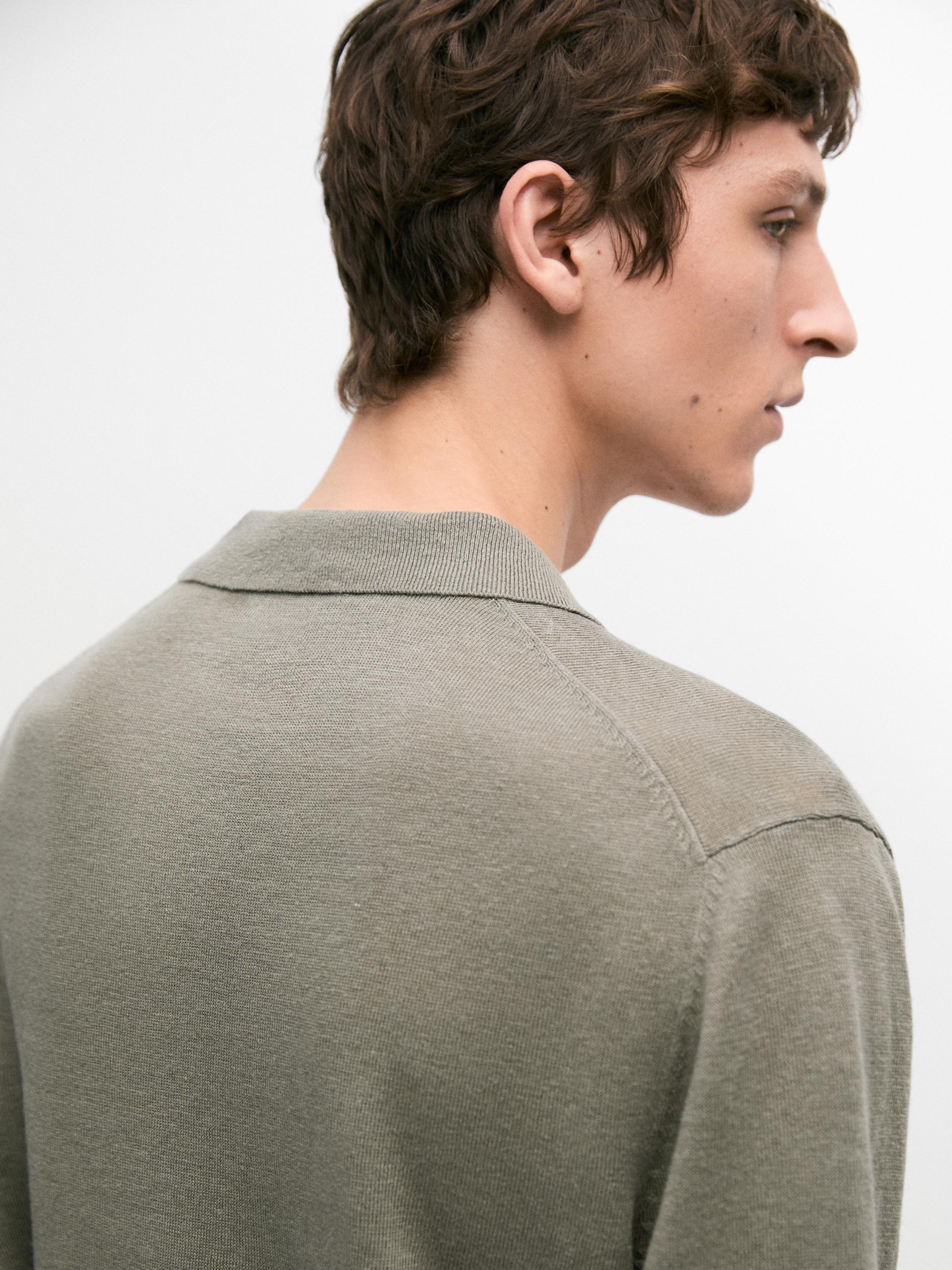 100% linen knit polo collar sweater — PALE KHAKI