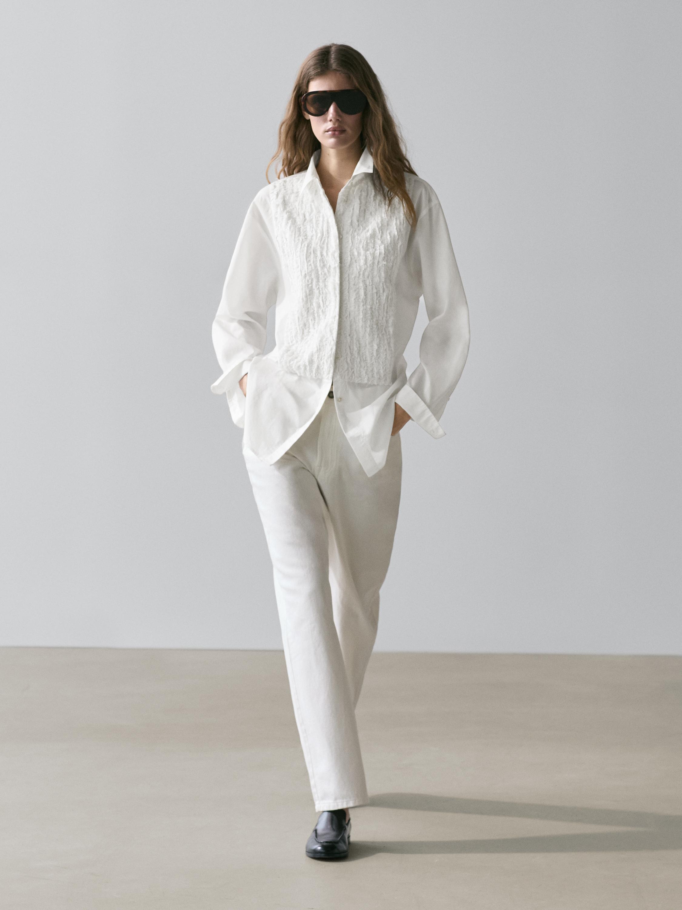 Bib front shirt with embroidered detail — WHITE