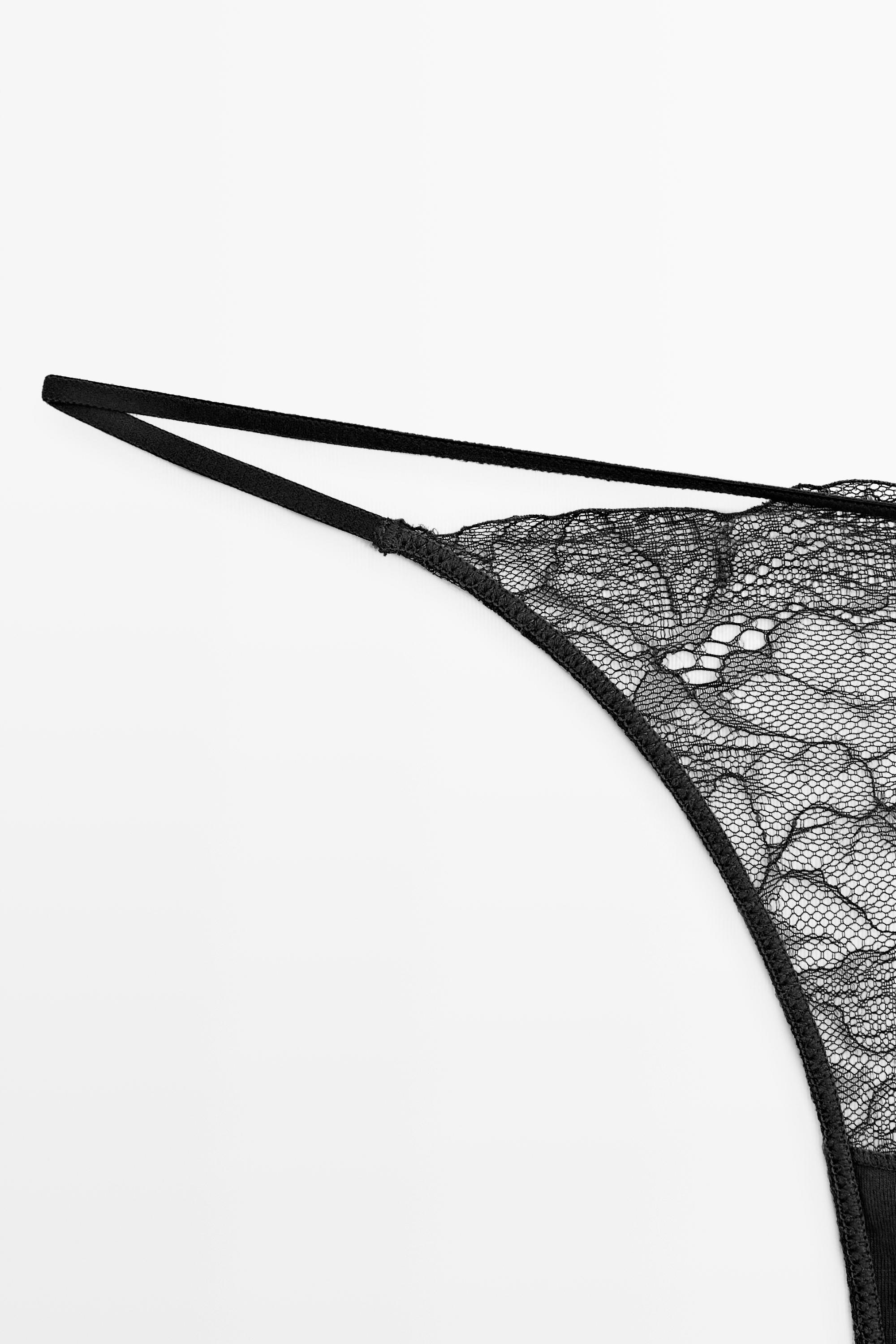 Wavy-trim lace thong — BLACK