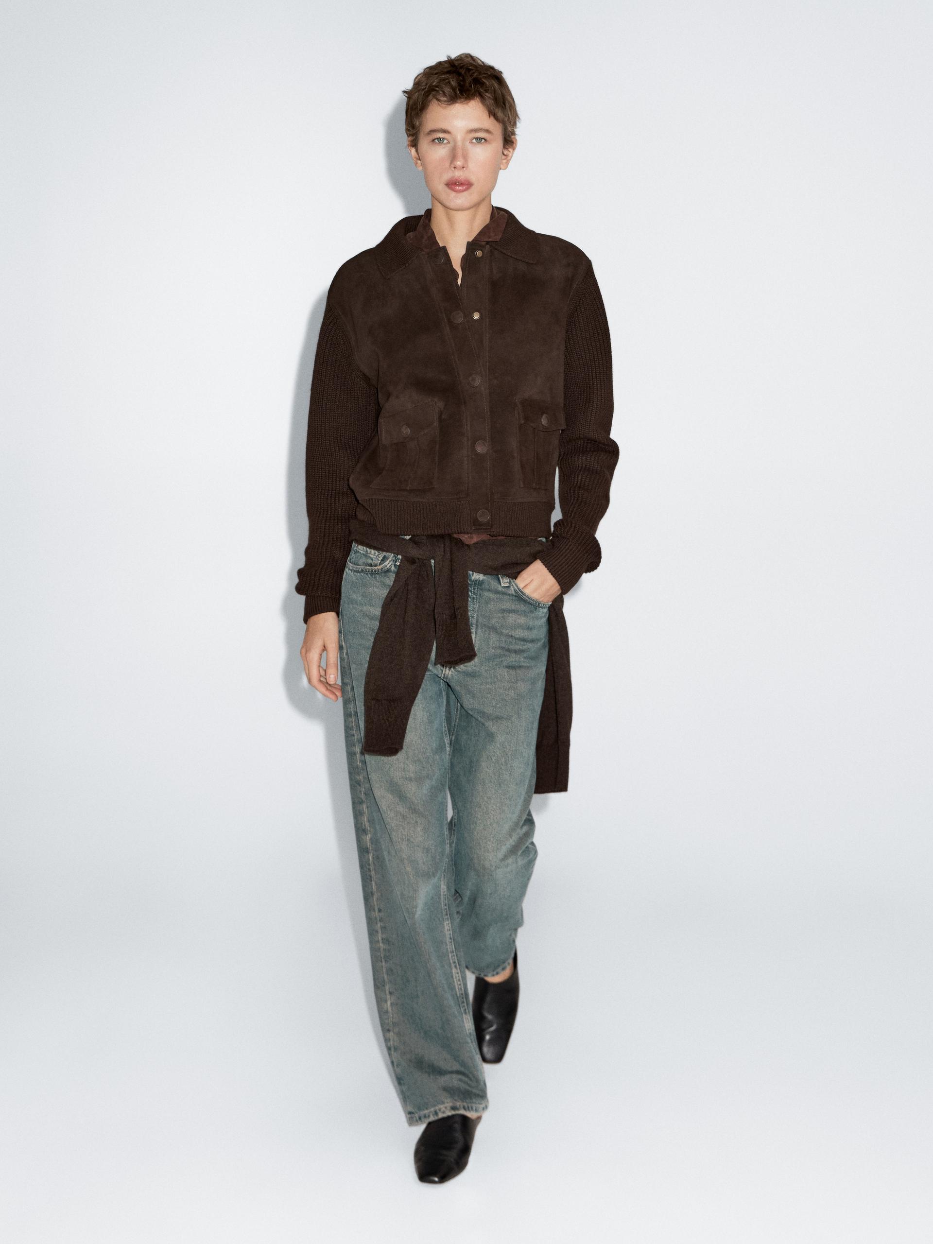 Casaco Combinado De Malha E Pele Ovina - Chocolate - L - Massimo Dutti - Mulher
