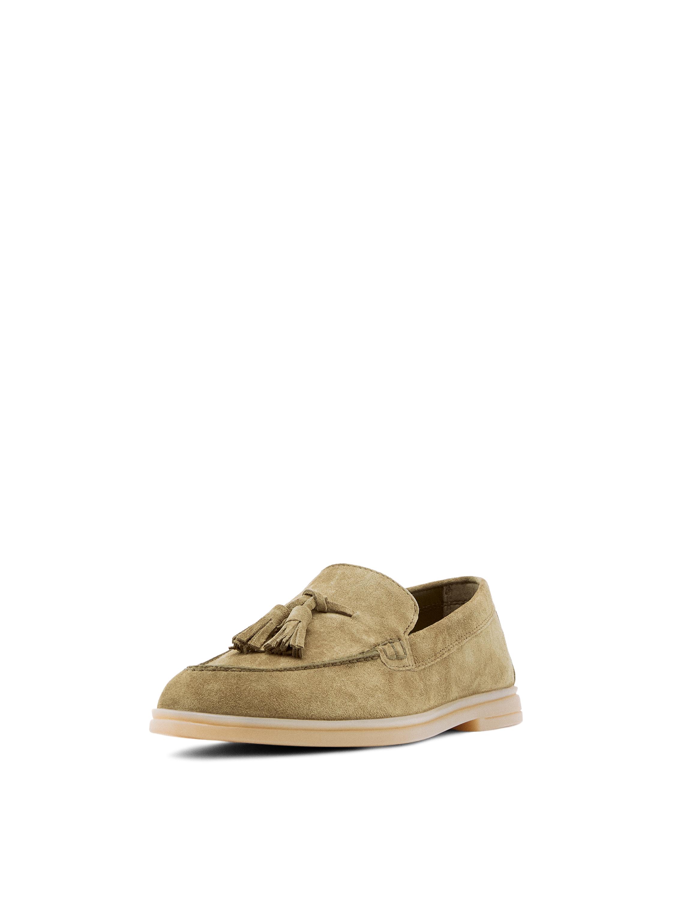 Split leather loafers with tassels — TAUPE
