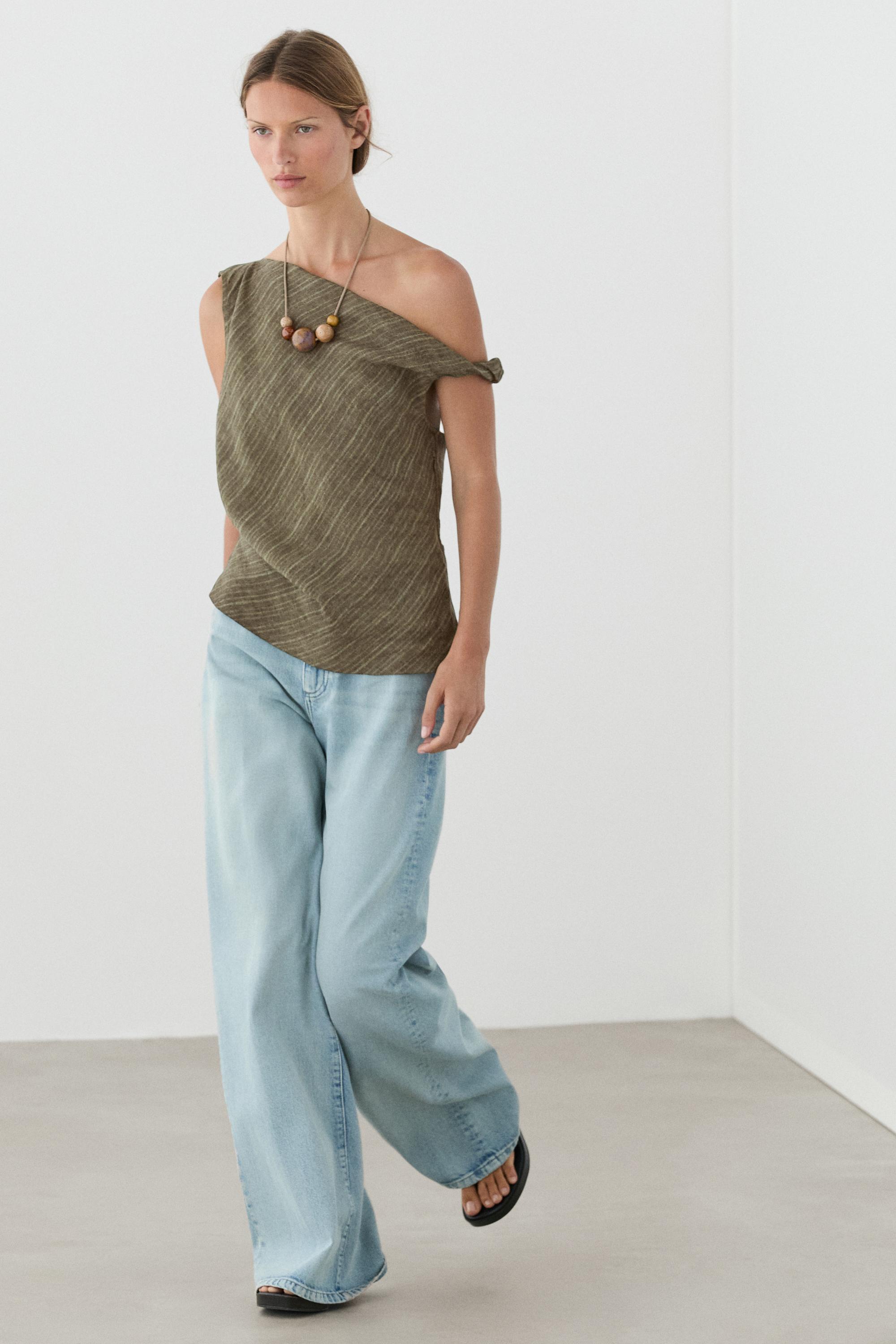 Total look 100% linen asymmetric top — DARK KHAKI
