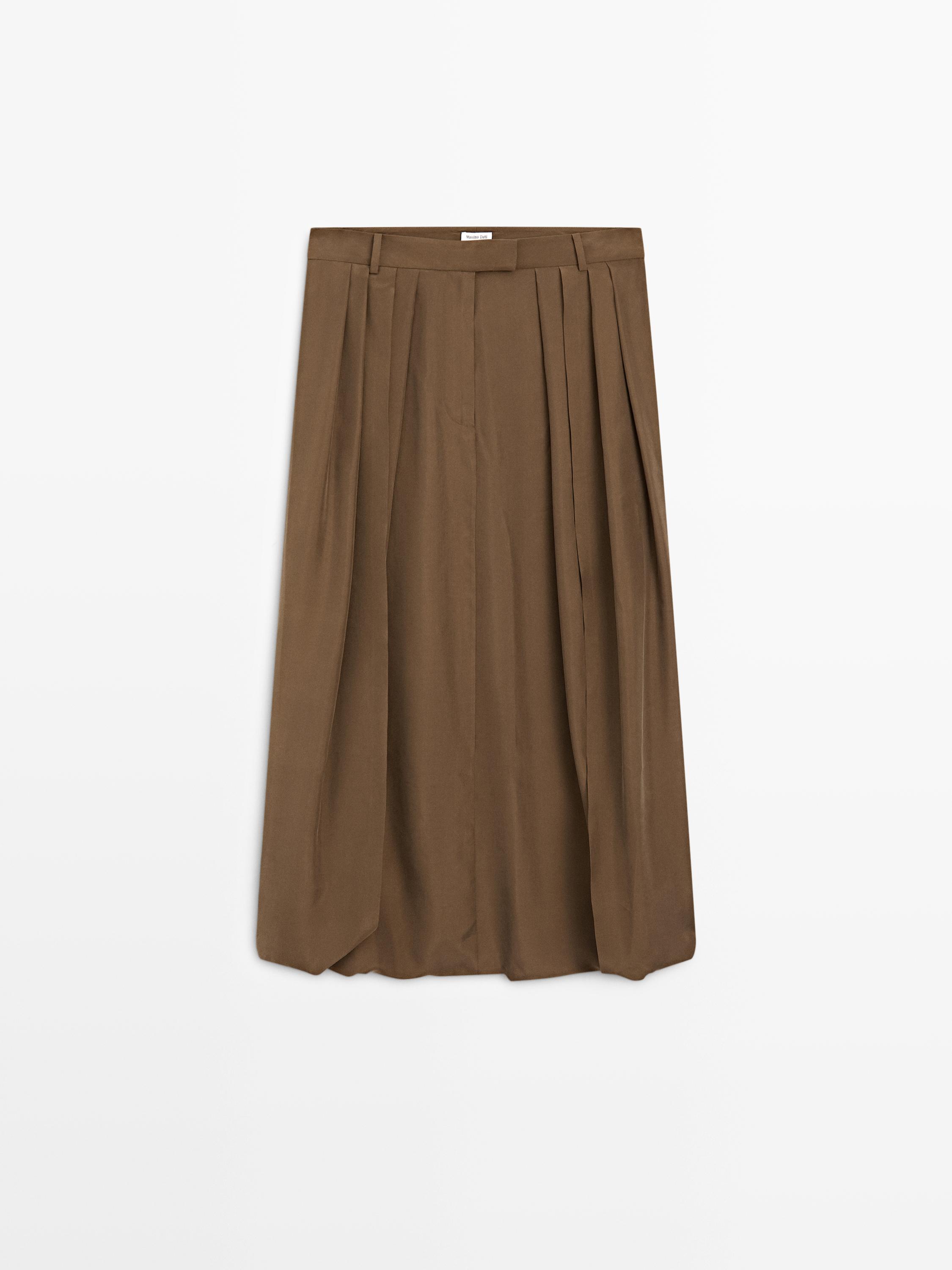 100% silk midi skirt with gathered details - STUDIO — Caramel
