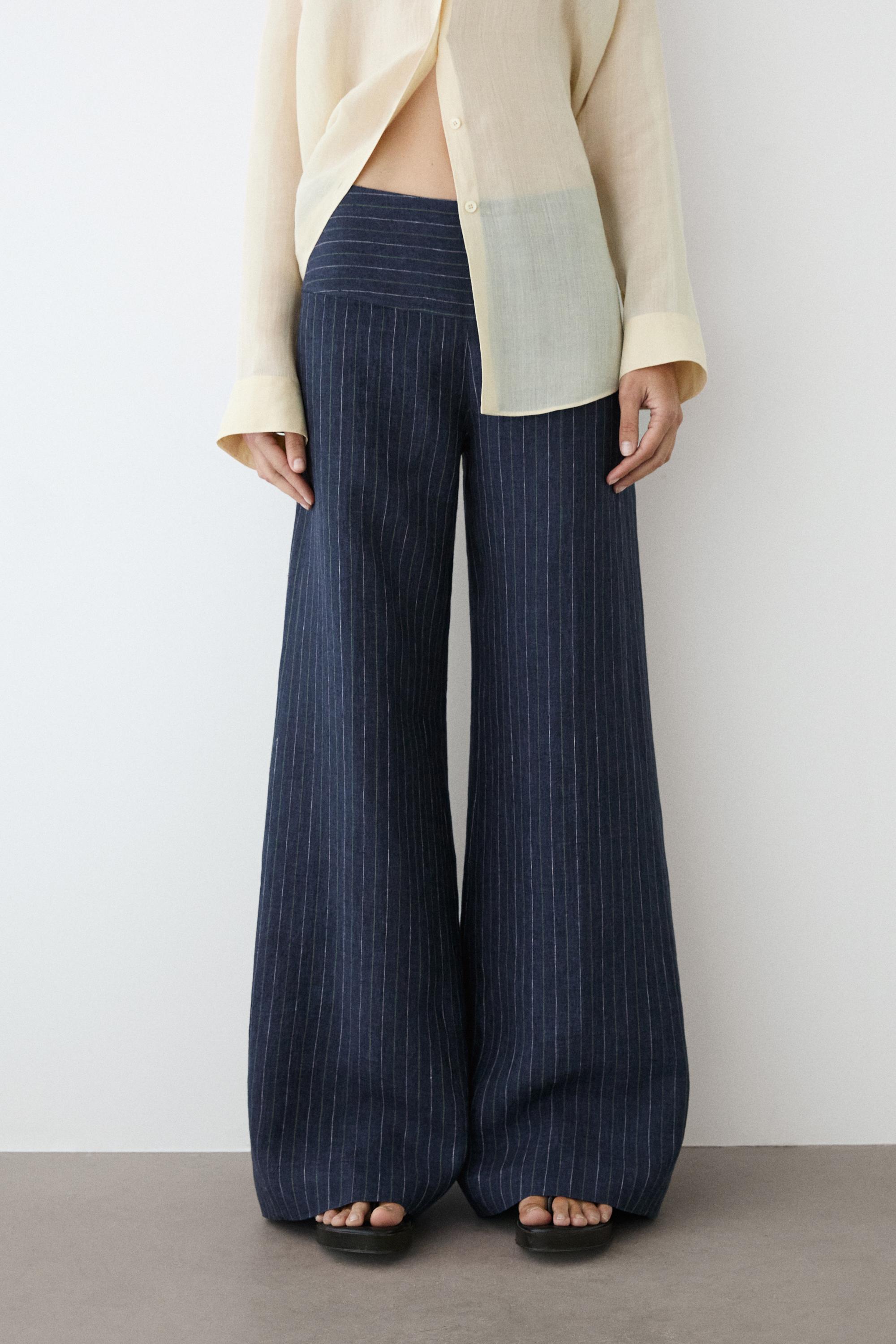 100% linen mid-waist flare pants — NAVY BLUE