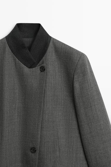 100% Wool Blazer with Contrasting Suede High Neck — GREY 9